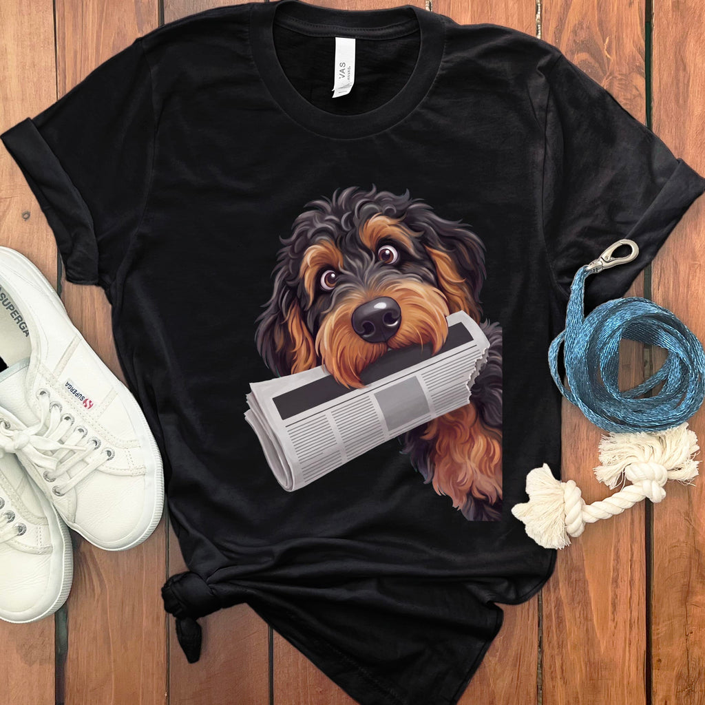 Phantom Goldendoodle Newspaper T-Shirt in Black / S by Puppy Jo