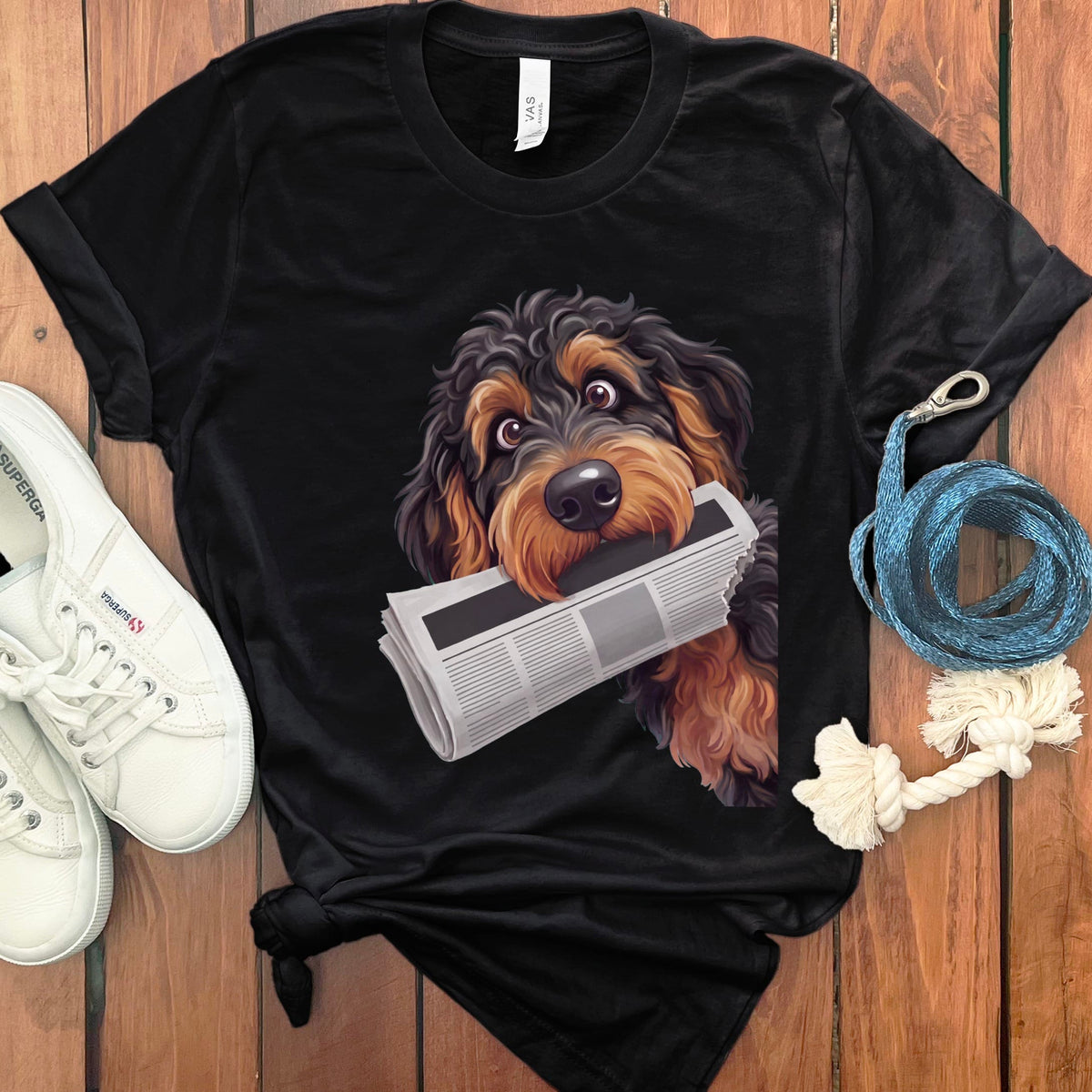 Phantom Goldendoodle Newspaper T-Shirt in Black / S by Puppy Jo