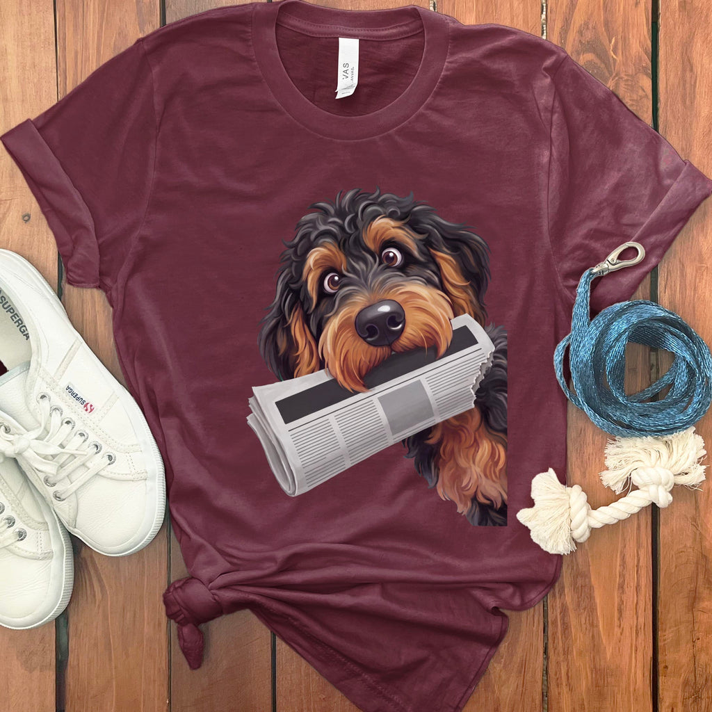 Phantom Goldendoodle Newspaper T-Shirt in Maroon / S by Puppy Jo
