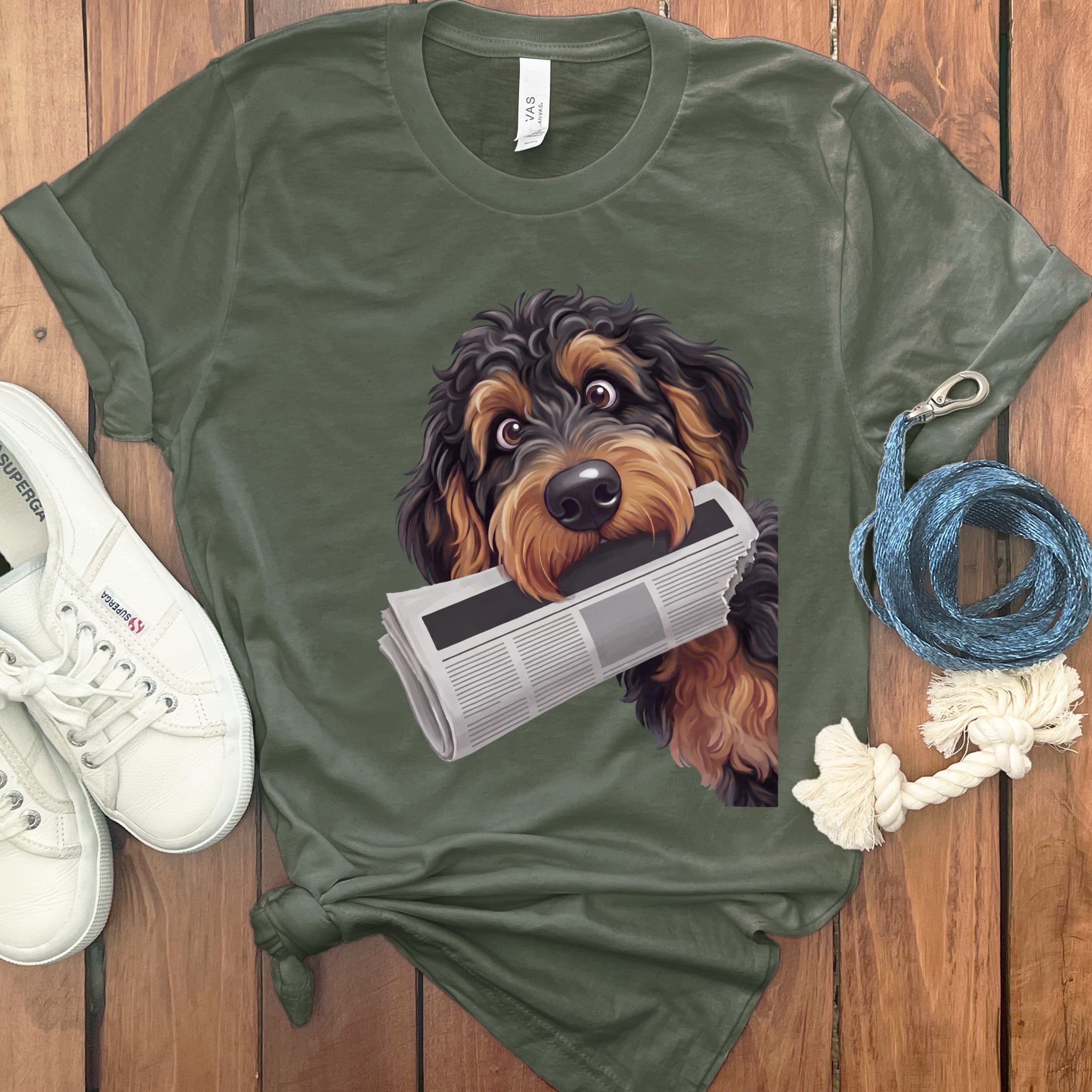Phantom Goldendoodle Newspaper T-Shirt in Military Green / S by Puppy Jo