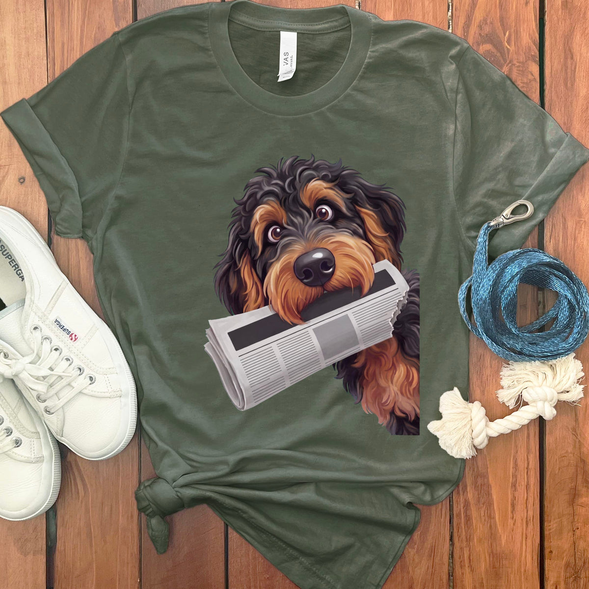 Phantom Goldendoodle Newspaper T-Shirt in Military Green / S by Puppy Jo