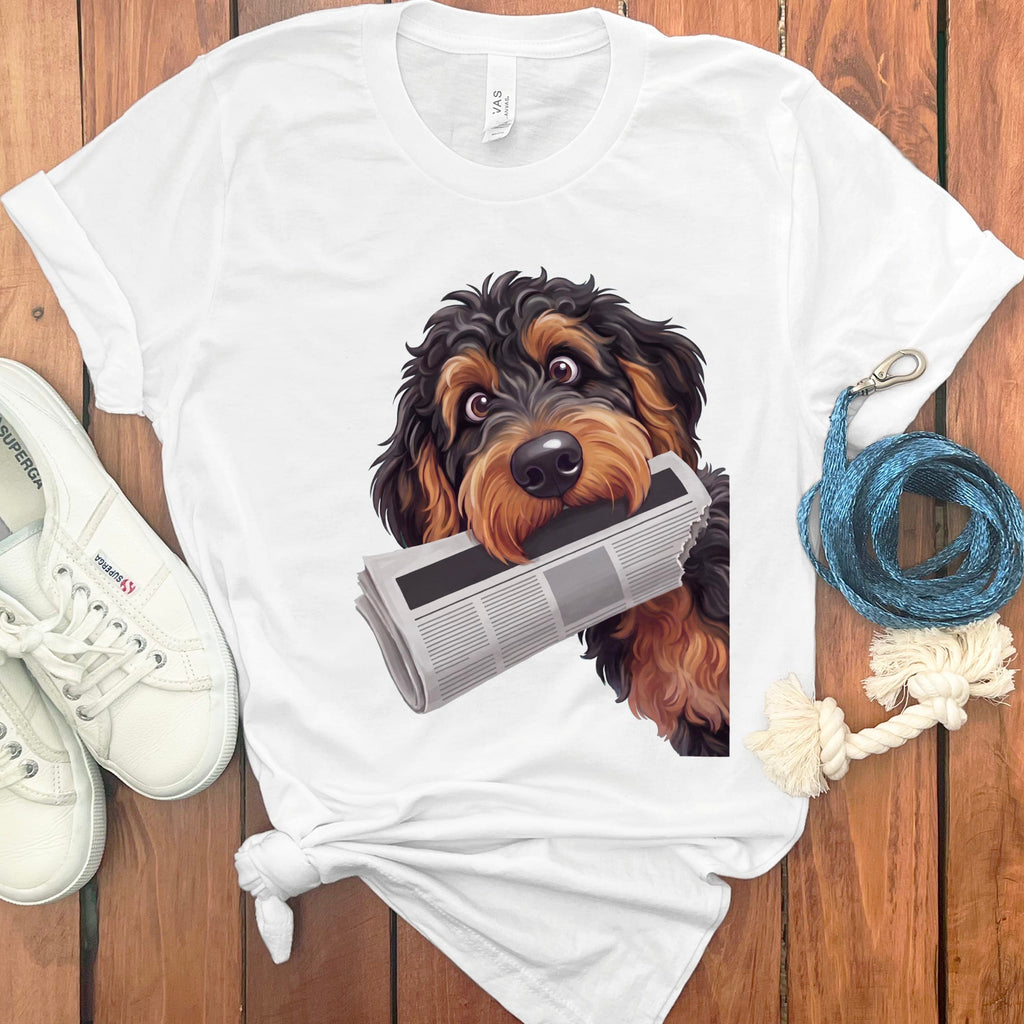 Phantom Goldendoodle Newspaper T-Shirt in White / S by Puppy Jo