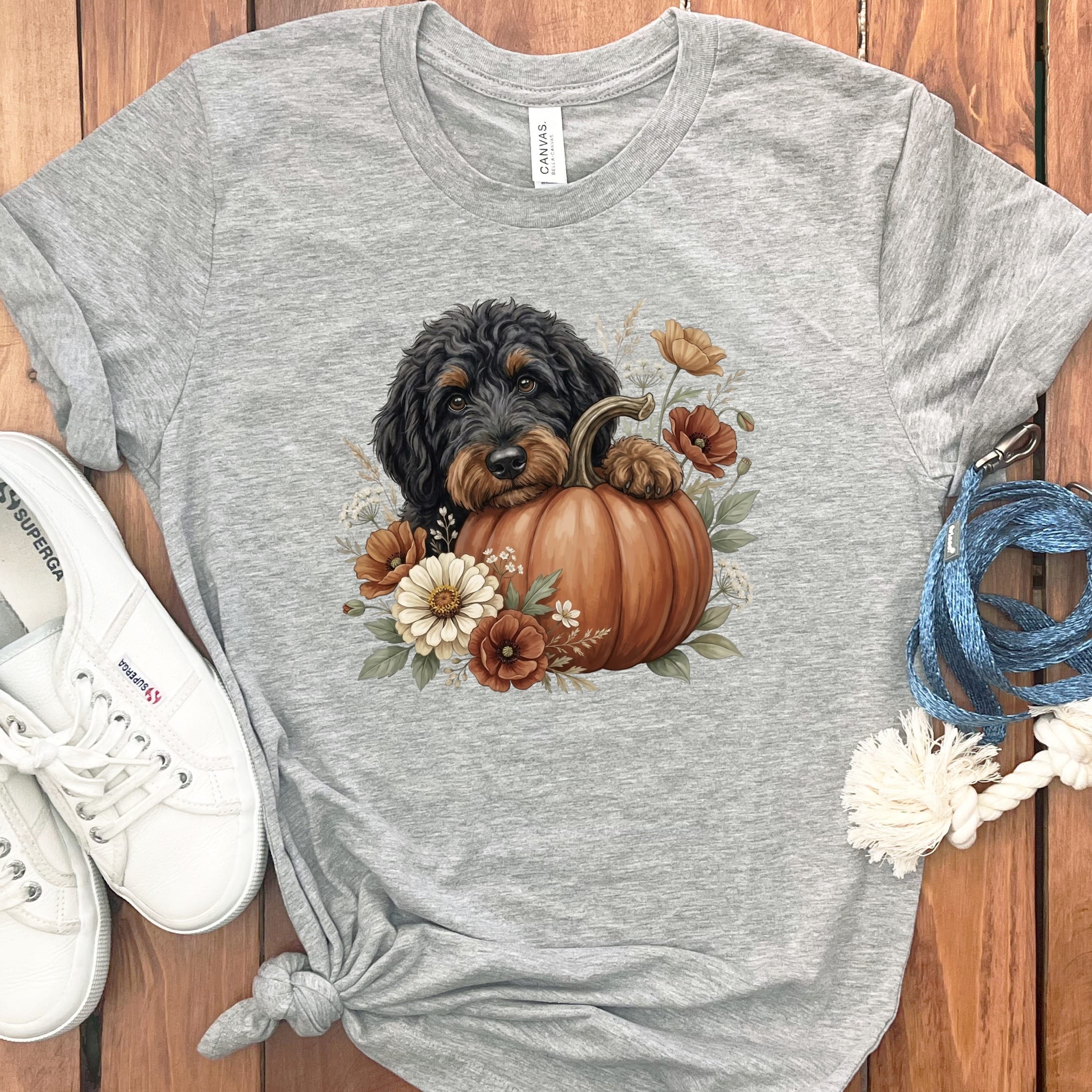 Phantom Goldendoodle Pumpkin Hug T-Shirt in Athletic Heather / S by Puppy Jo