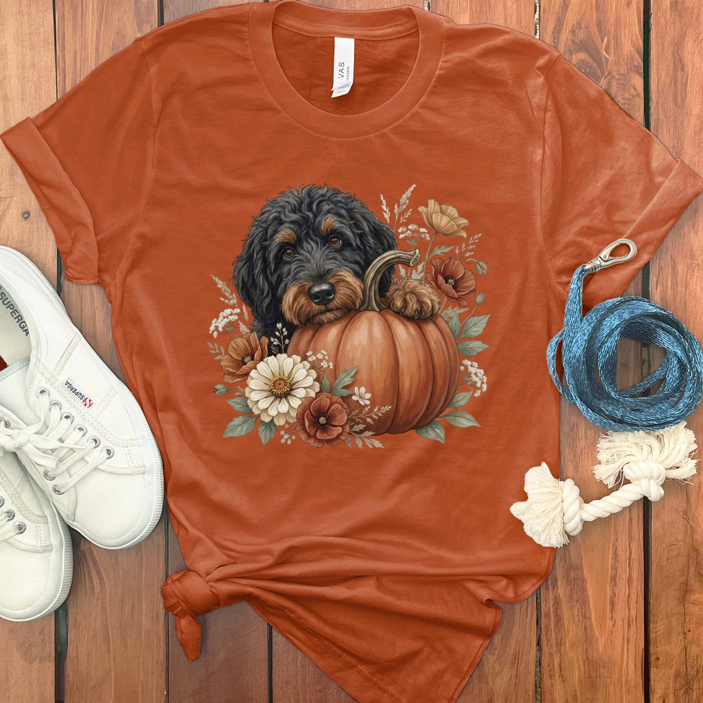Phantom Goldendoodle Pumpkin Hug T-Shirt in Autumn / S by Puppy Jo