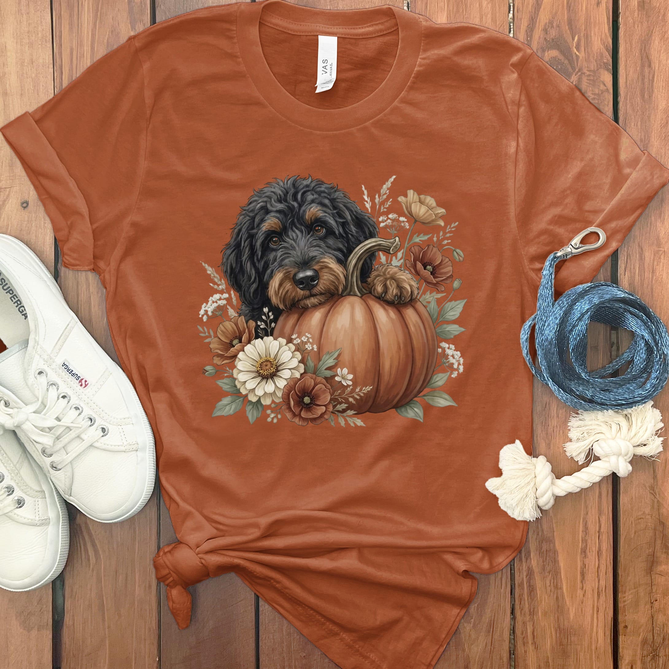 Phantom Goldendoodle Pumpkin Hug T-Shirt in Autumn / S by Puppy Jo