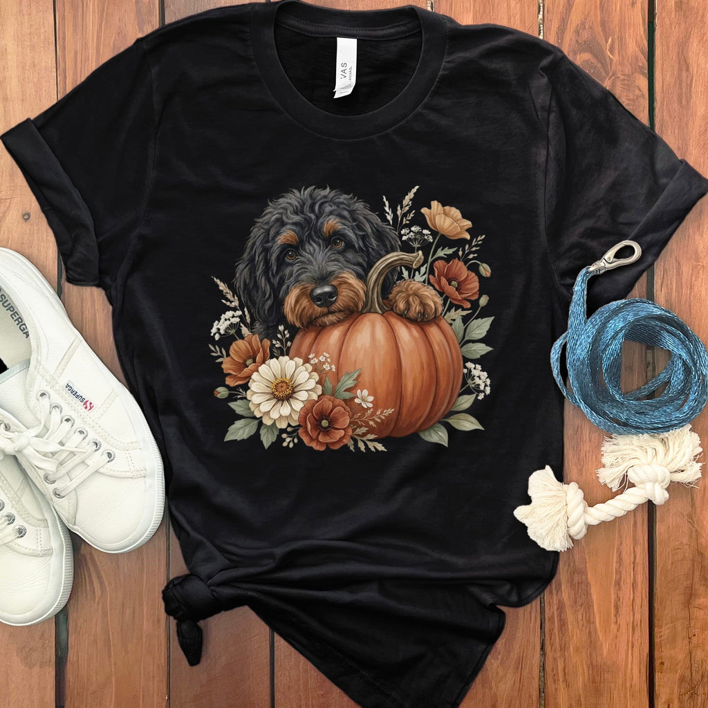 Phantom Goldendoodle Pumpkin Hug T-Shirt in Black / S by Puppy Jo