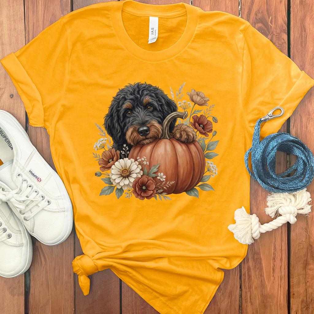 Phantom Goldendoodle Pumpkin Hug T-Shirt in Gold / S by Puppy Jo
