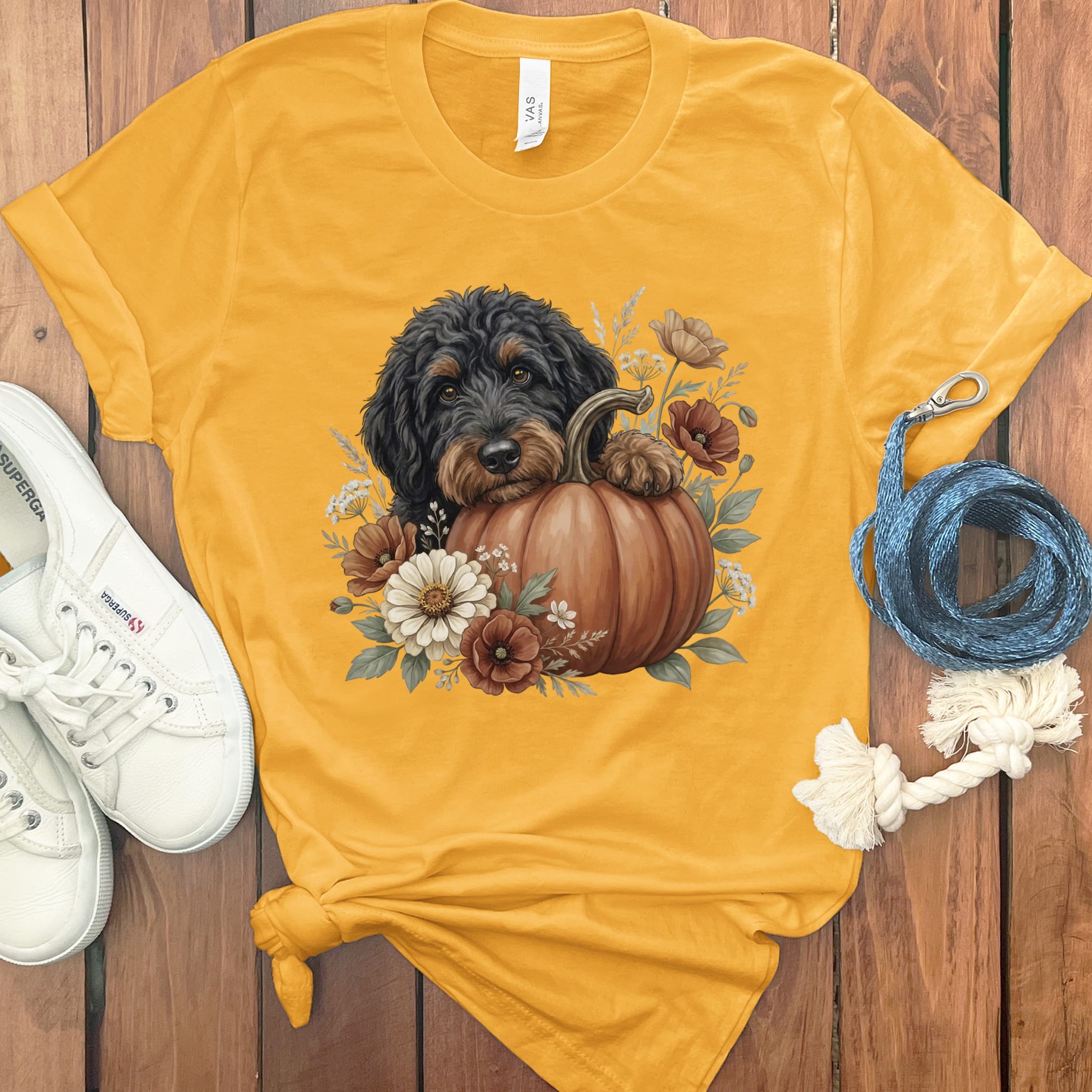Phantom Goldendoodle Pumpkin Hug T-Shirt in Gold / S by Puppy Jo