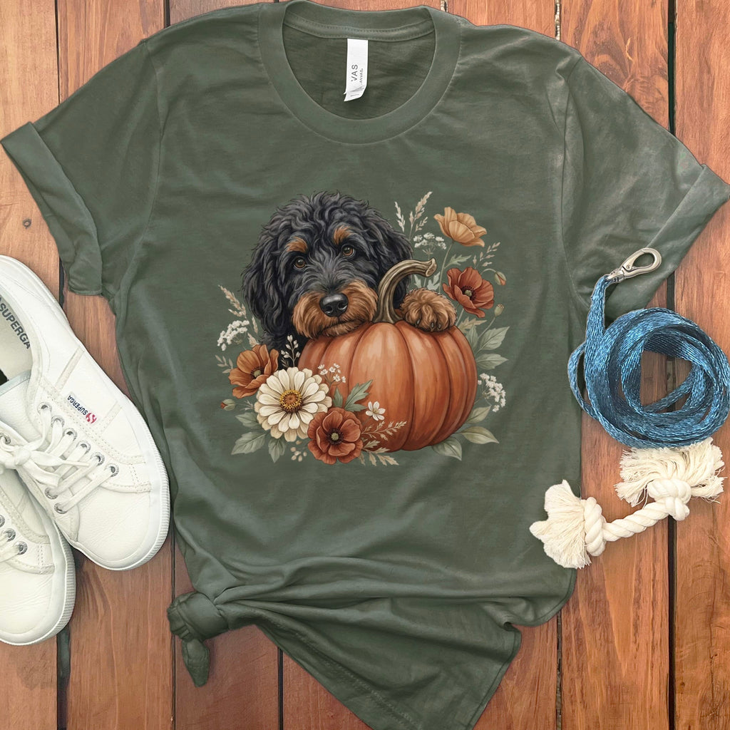 Phantom Goldendoodle Pumpkin Hug T-Shirt in Military Green / S by Puppy Jo