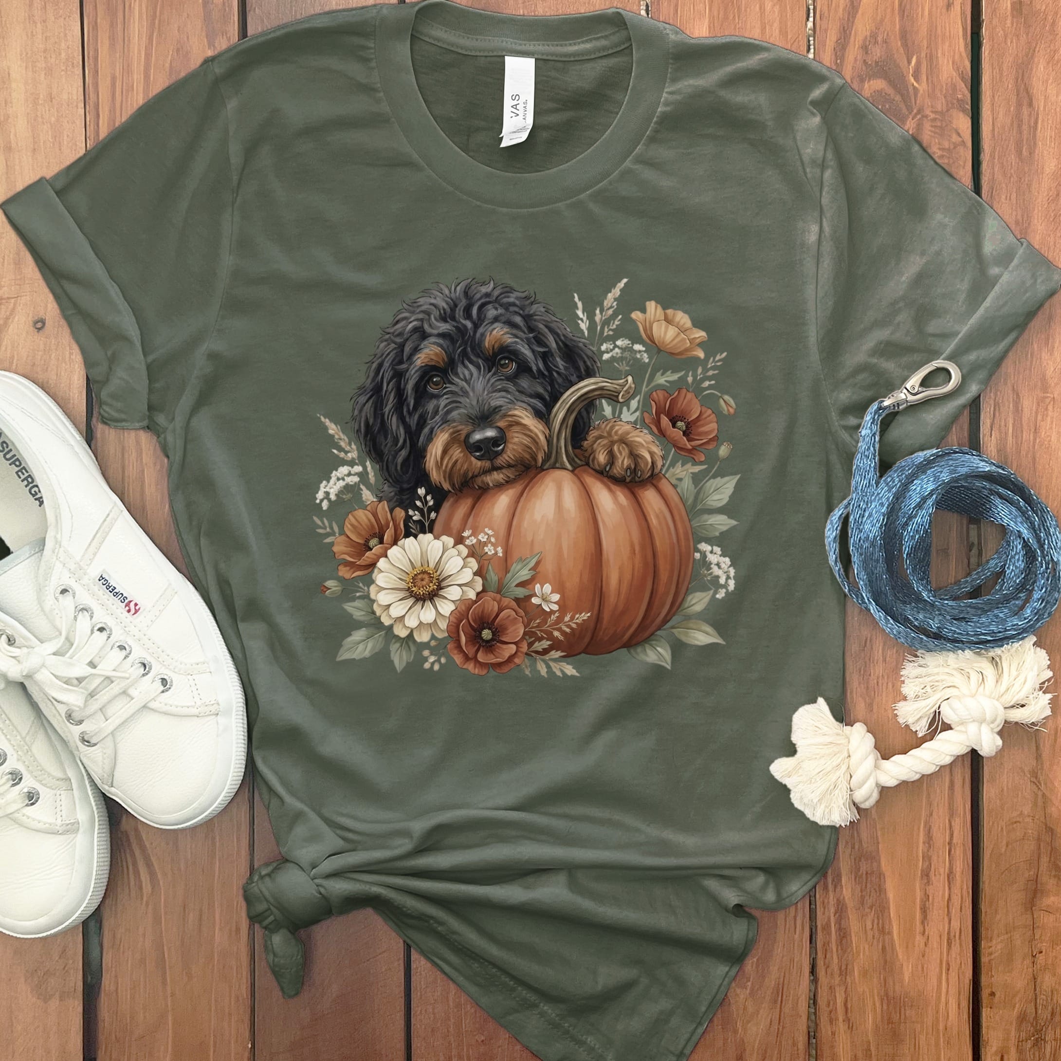 Phantom Goldendoodle Pumpkin Hug T-Shirt in Military Green / S by Puppy Jo