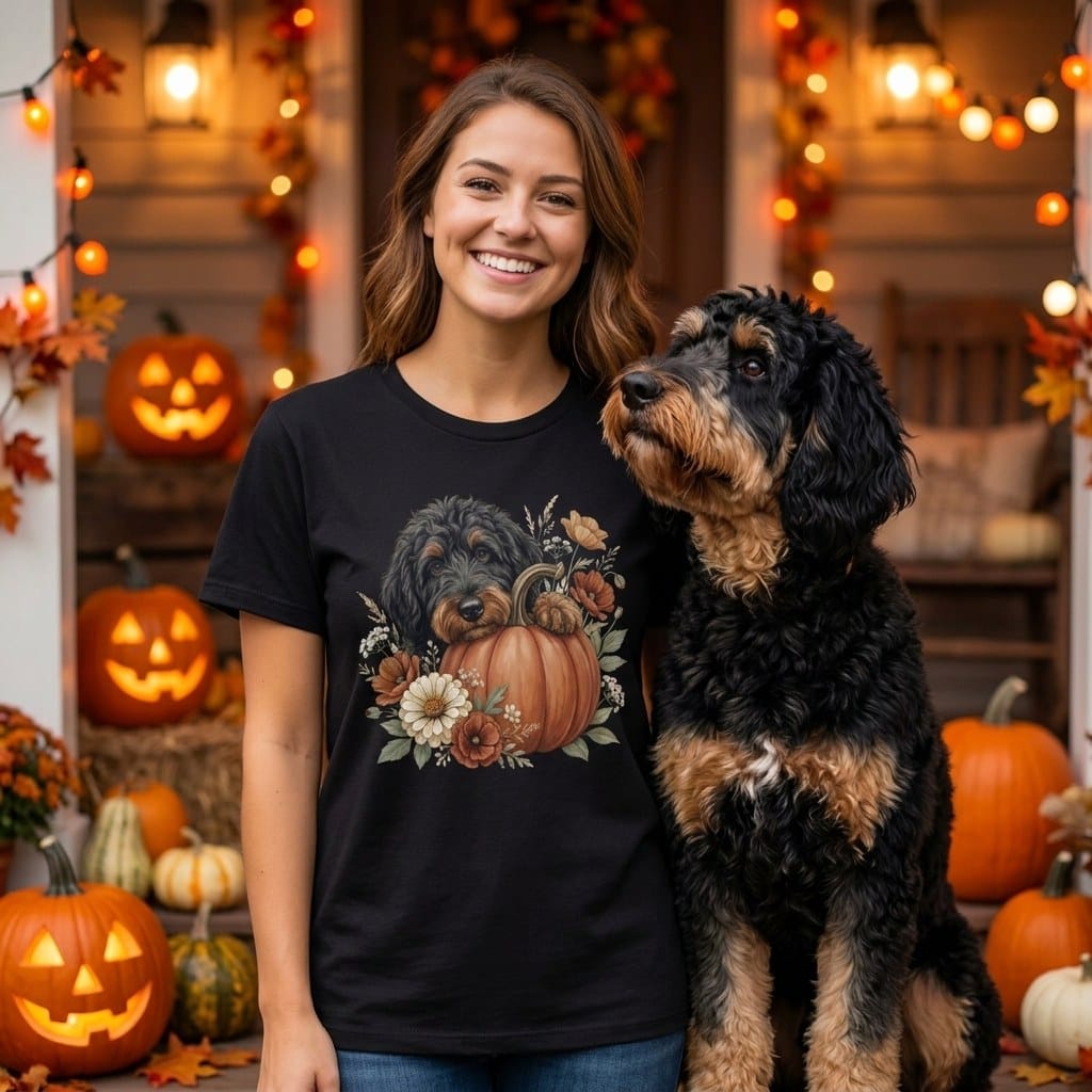 Phantom Goldendoodle Pumpkin Hug T-Shirt in by Puppy Jo
