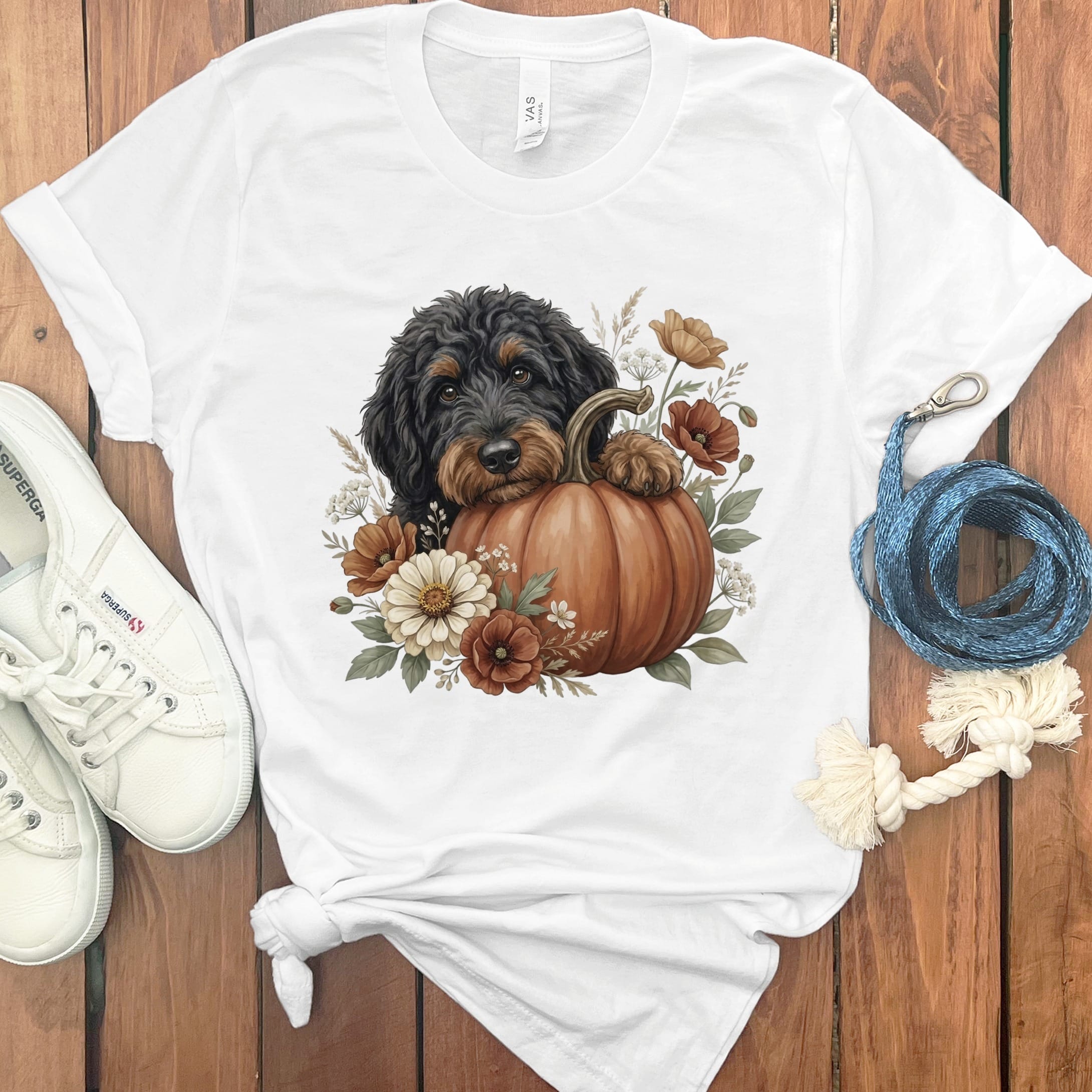 Phantom Goldendoodle Pumpkin Hug T-Shirt in White / S by Puppy Jo