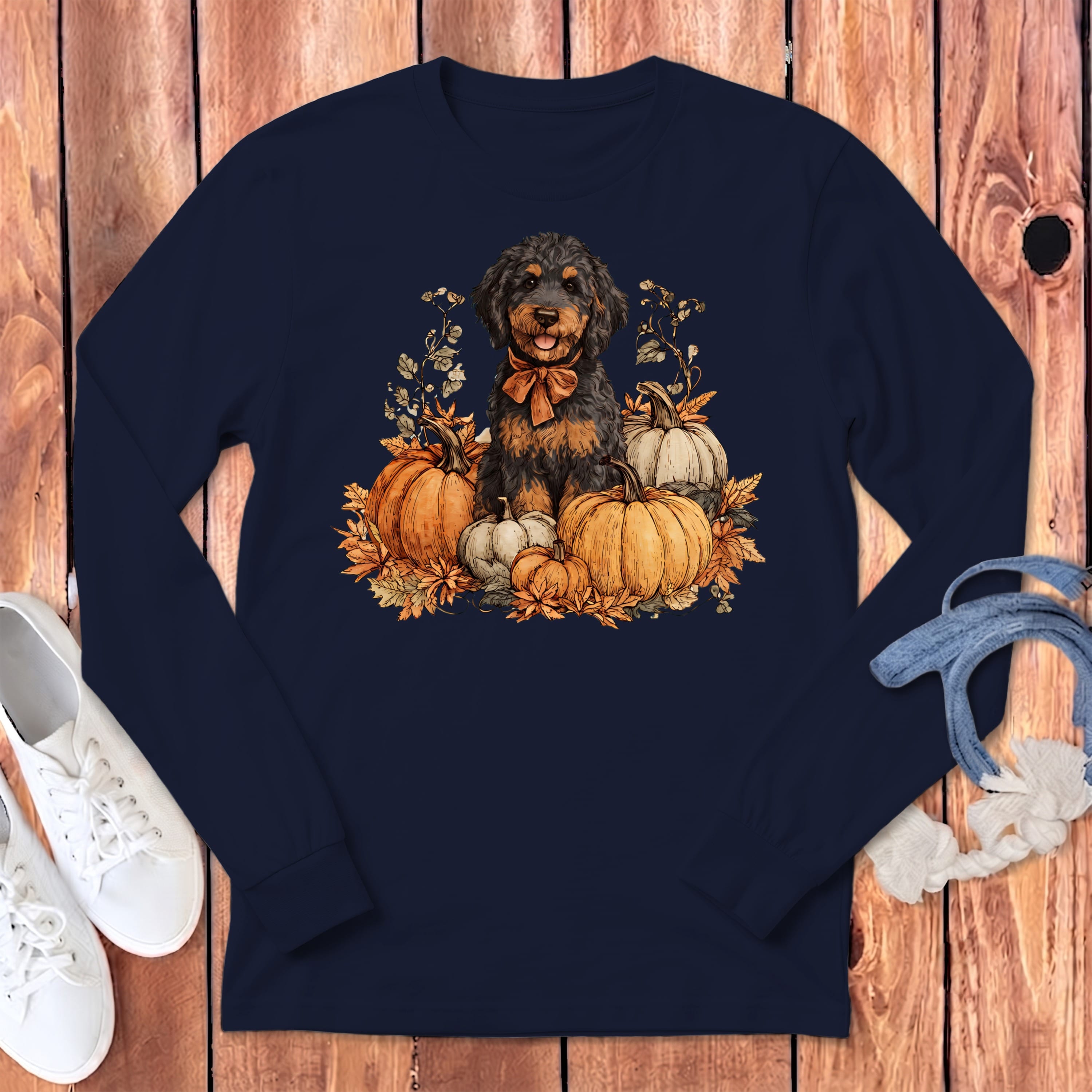 Phantom Goldendoodle Pumpkin Time Long Sleeve T-Shirt in Navy / S by Puppy Jo