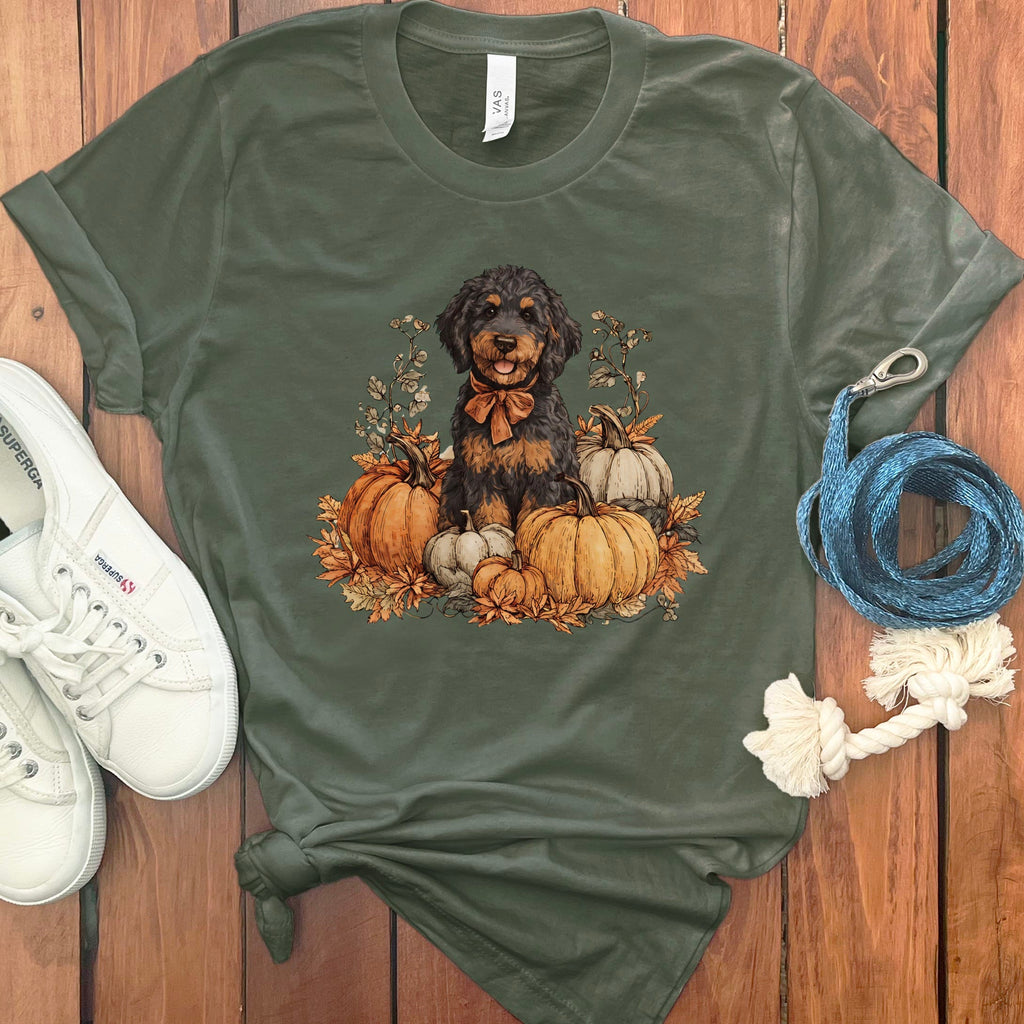 Phantom Goldendoodle Pumpkin Time T-Shirt in Military Green / S by Puppy Jo