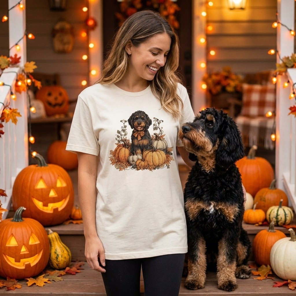 Phantom Goldendoodle Pumpkin Time T-Shirt in by Puppy Jo