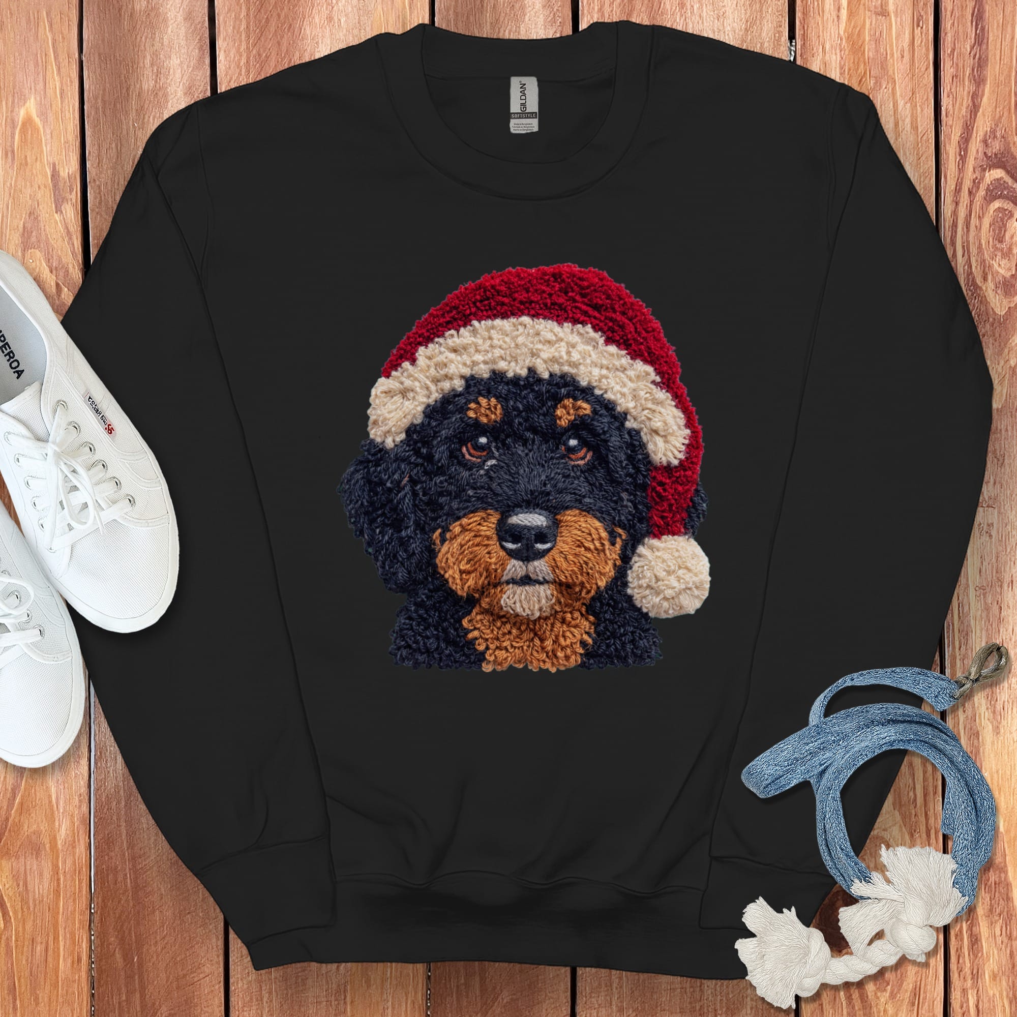 Phantom Goldendoodle Santa Faux Yarn Sweatshirt in Black / S by Puppy Jo