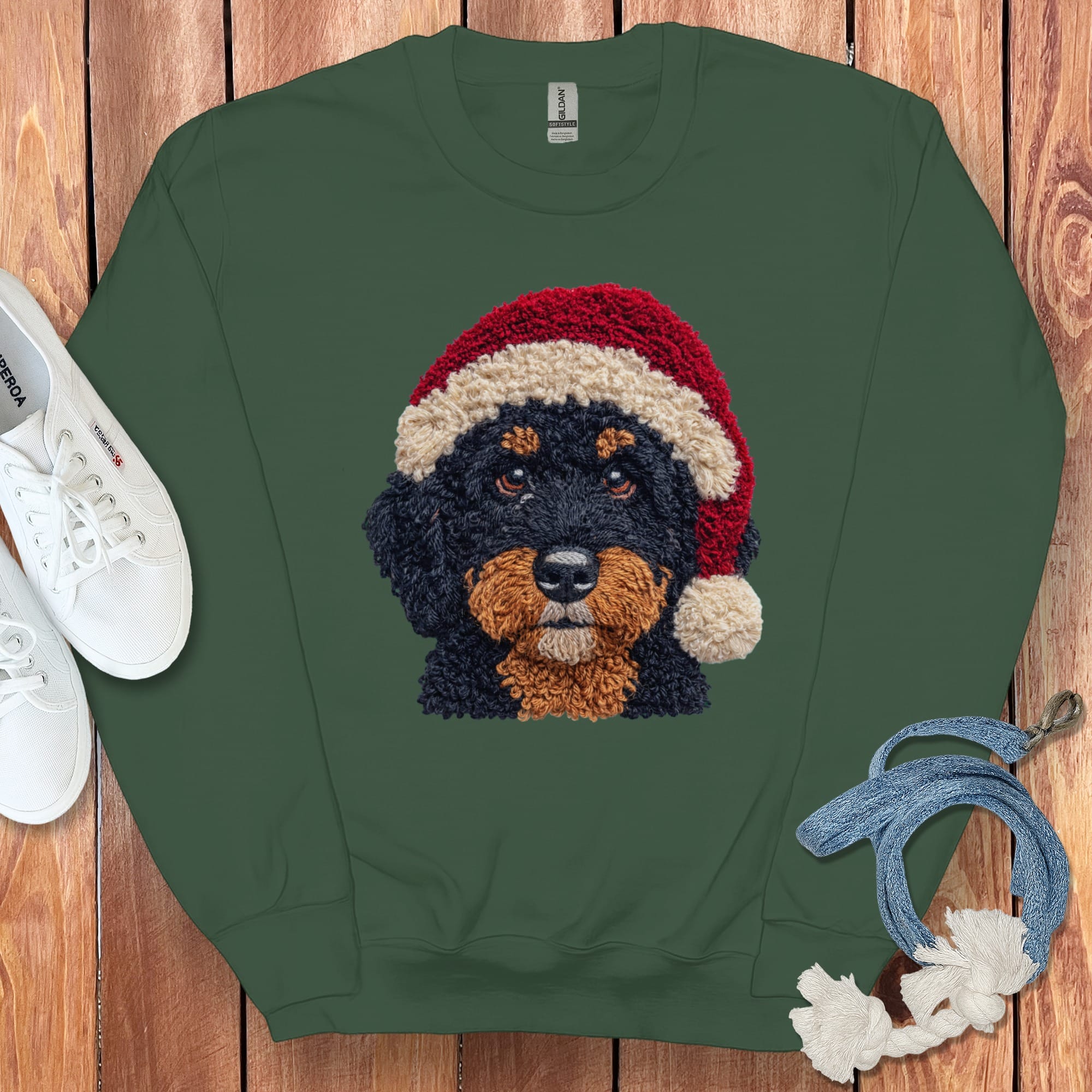 Phantom Goldendoodle Santa Faux Yarn Sweatshirt in Forest Green / S by Puppy Jo