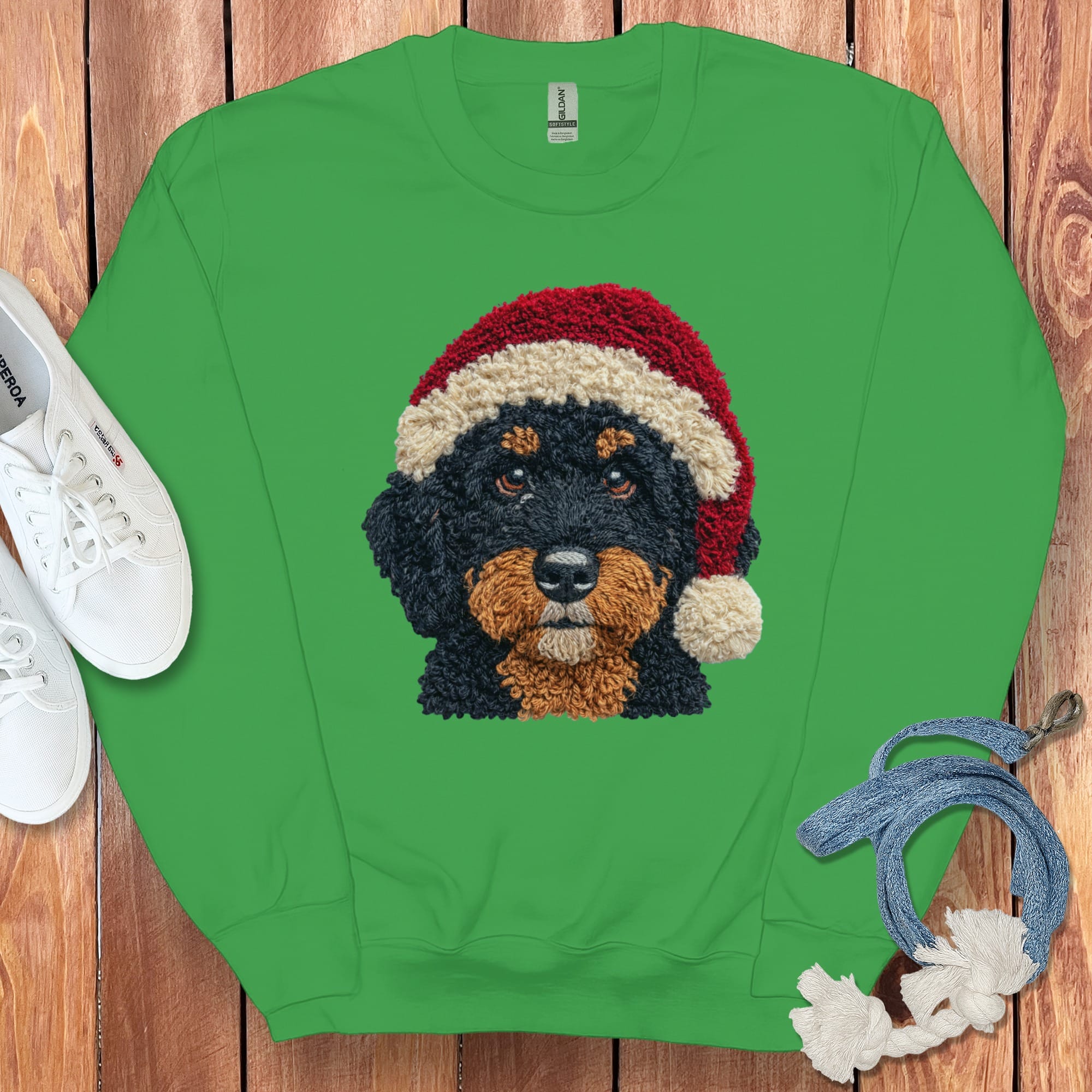 Phantom Goldendoodle Santa Faux Yarn Sweatshirt in Irish Green / S by Puppy Jo