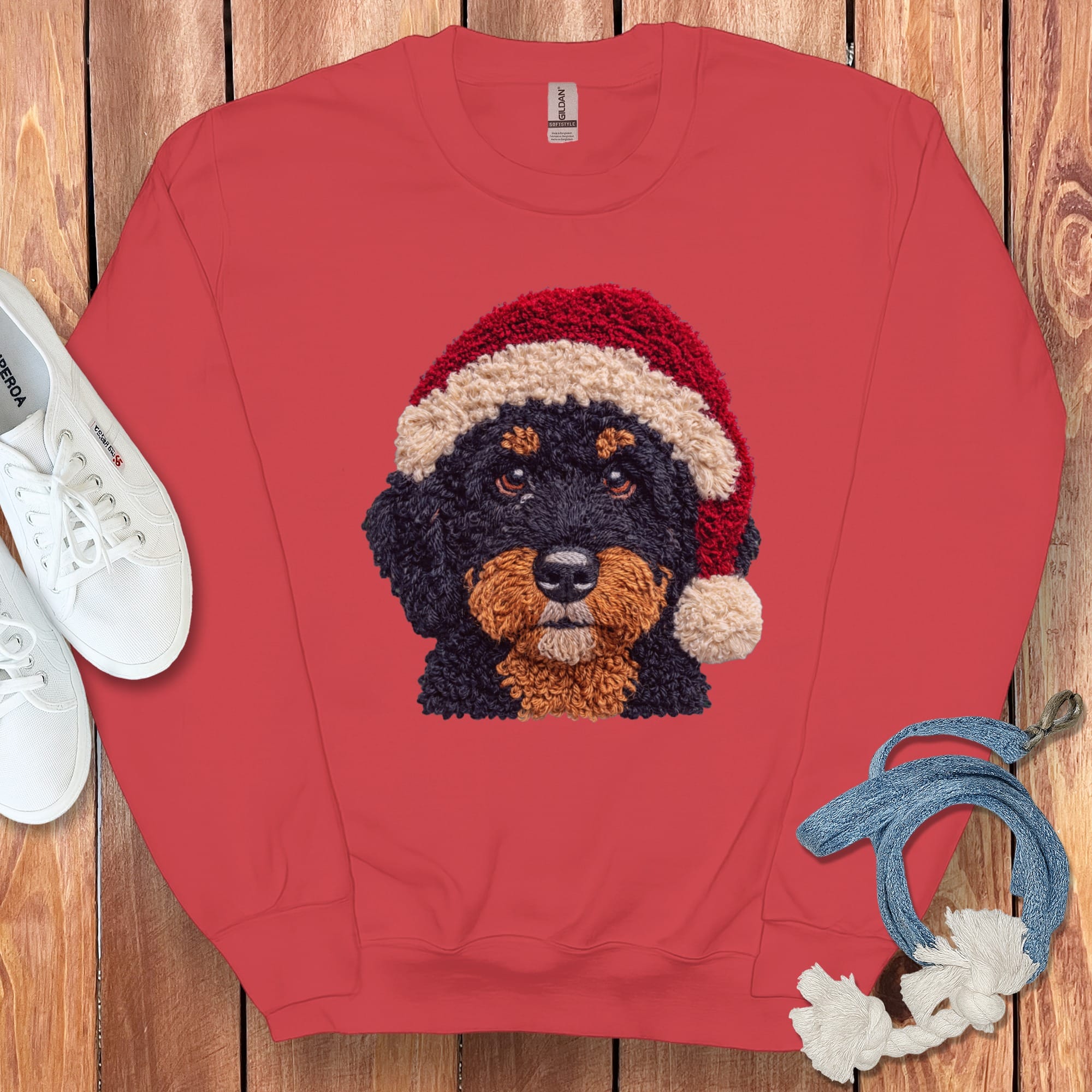 Phantom Goldendoodle Santa Faux Yarn Sweatshirt in Red / S by Puppy Jo
