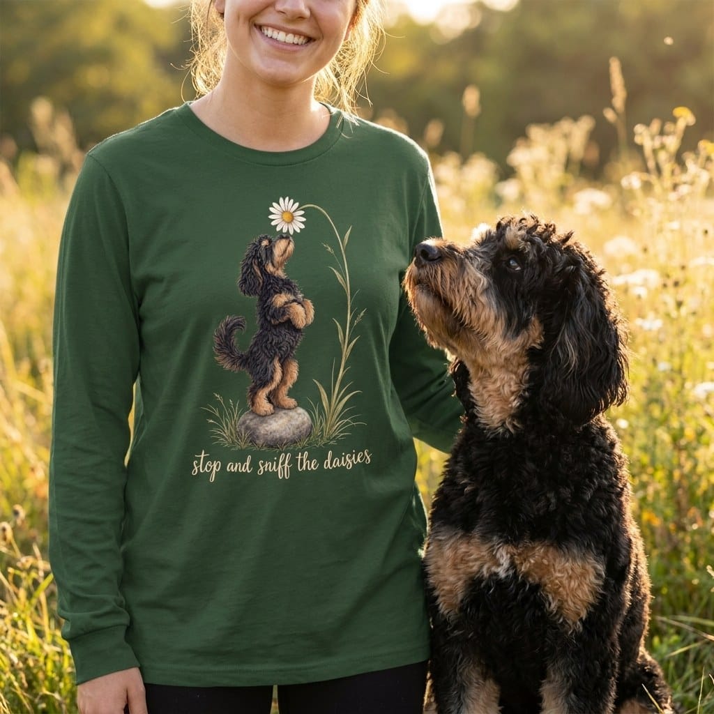 Phantom Goldendoodle Sniff Daisies Long Sleeve T-Shirt in by Puppy Jo