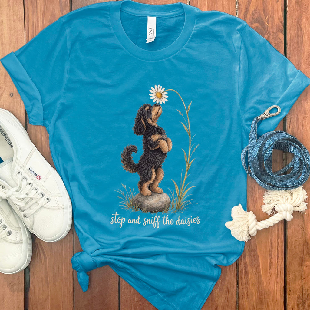 Phantom Goldendoodle Sniff Daisies T-Shirt in Aqua / S by Puppy Jo