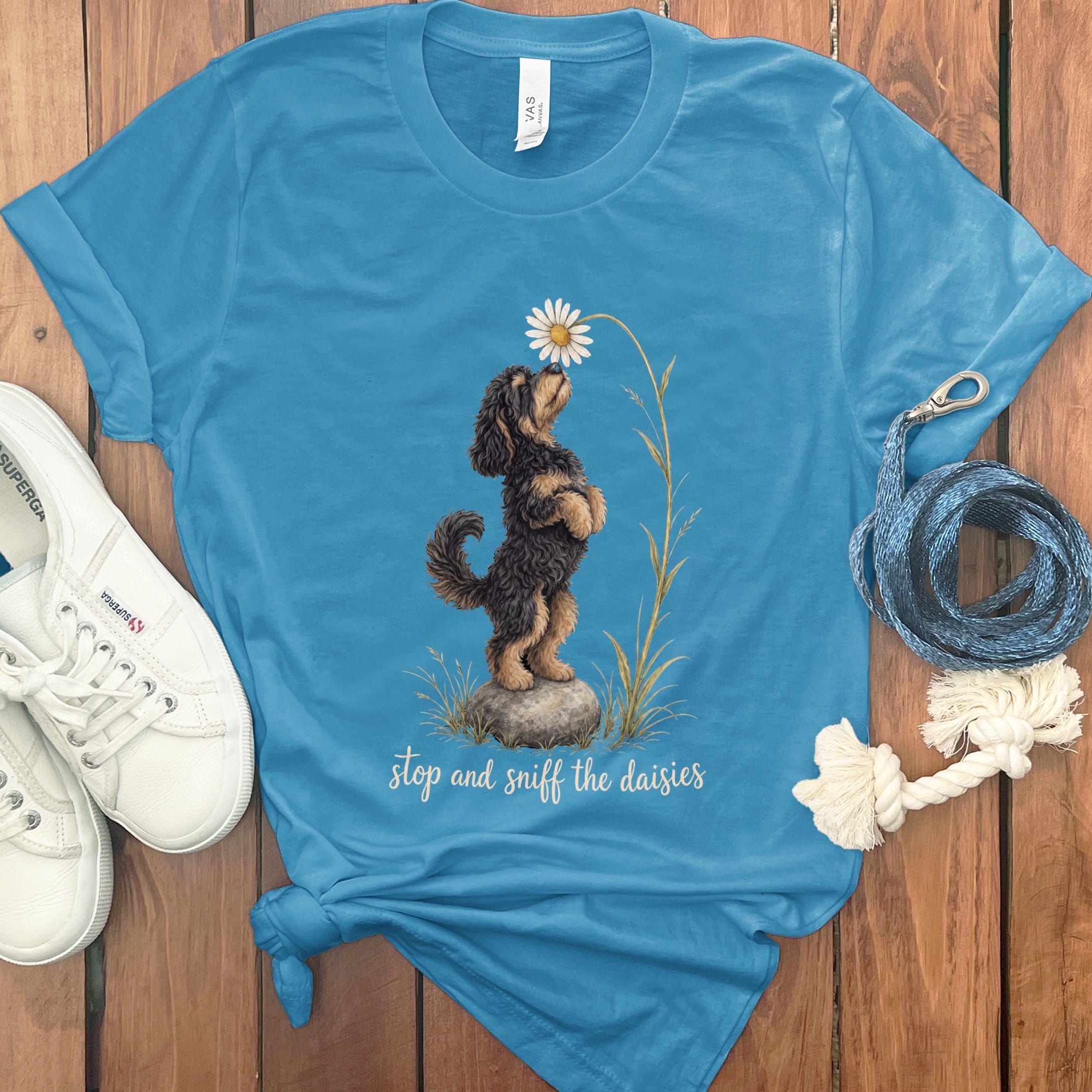 Phantom Goldendoodle Sniff Daisies T-Shirt in Aqua / S by Puppy Jo