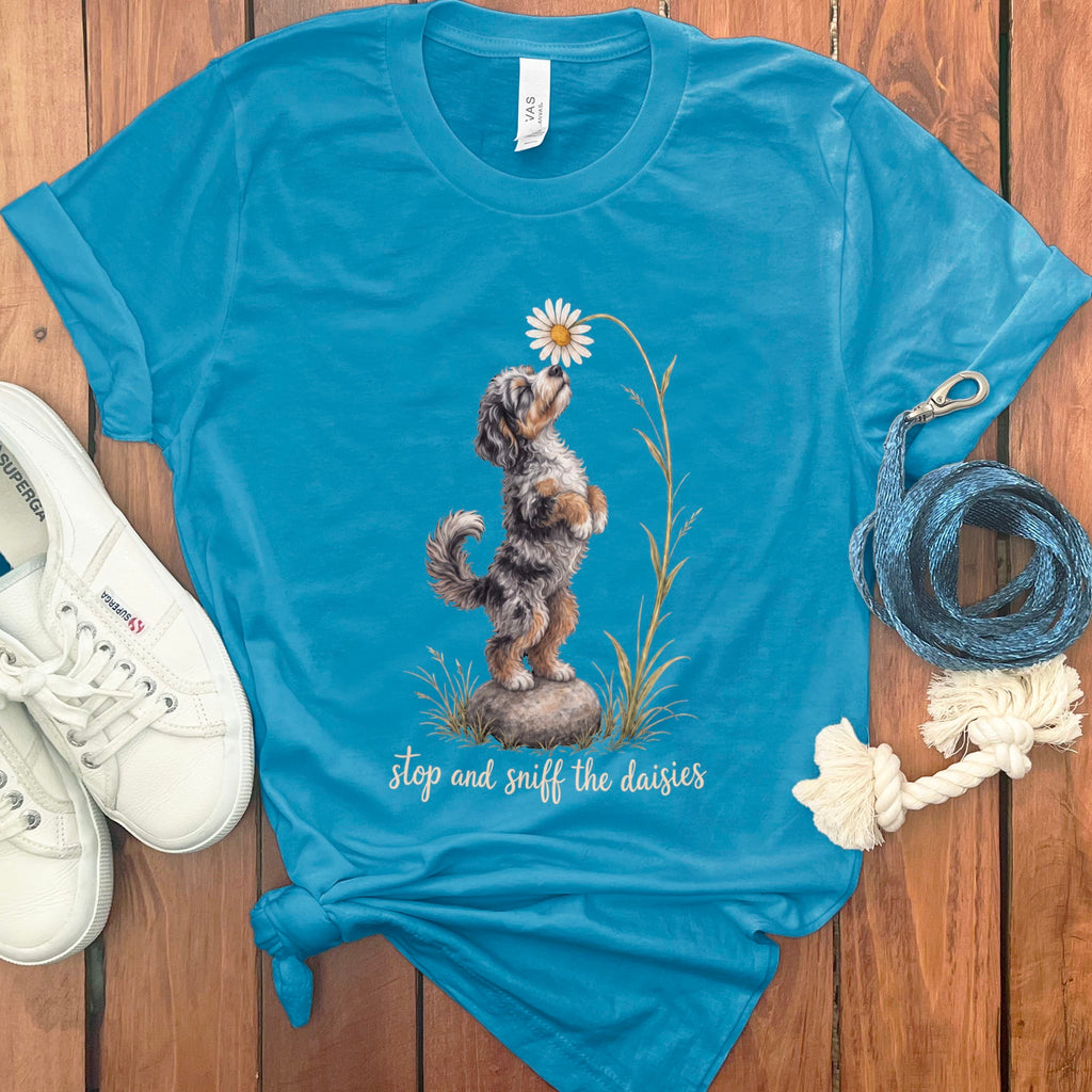 Phantom Goldendoodle Sniff Daisies T-Shirt in Aqua / S by Puppy Jo