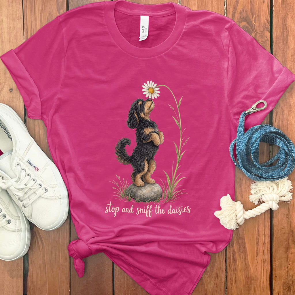 Phantom Goldendoodle Sniff Daisies T-Shirt in Berry / S by Puppy Jo