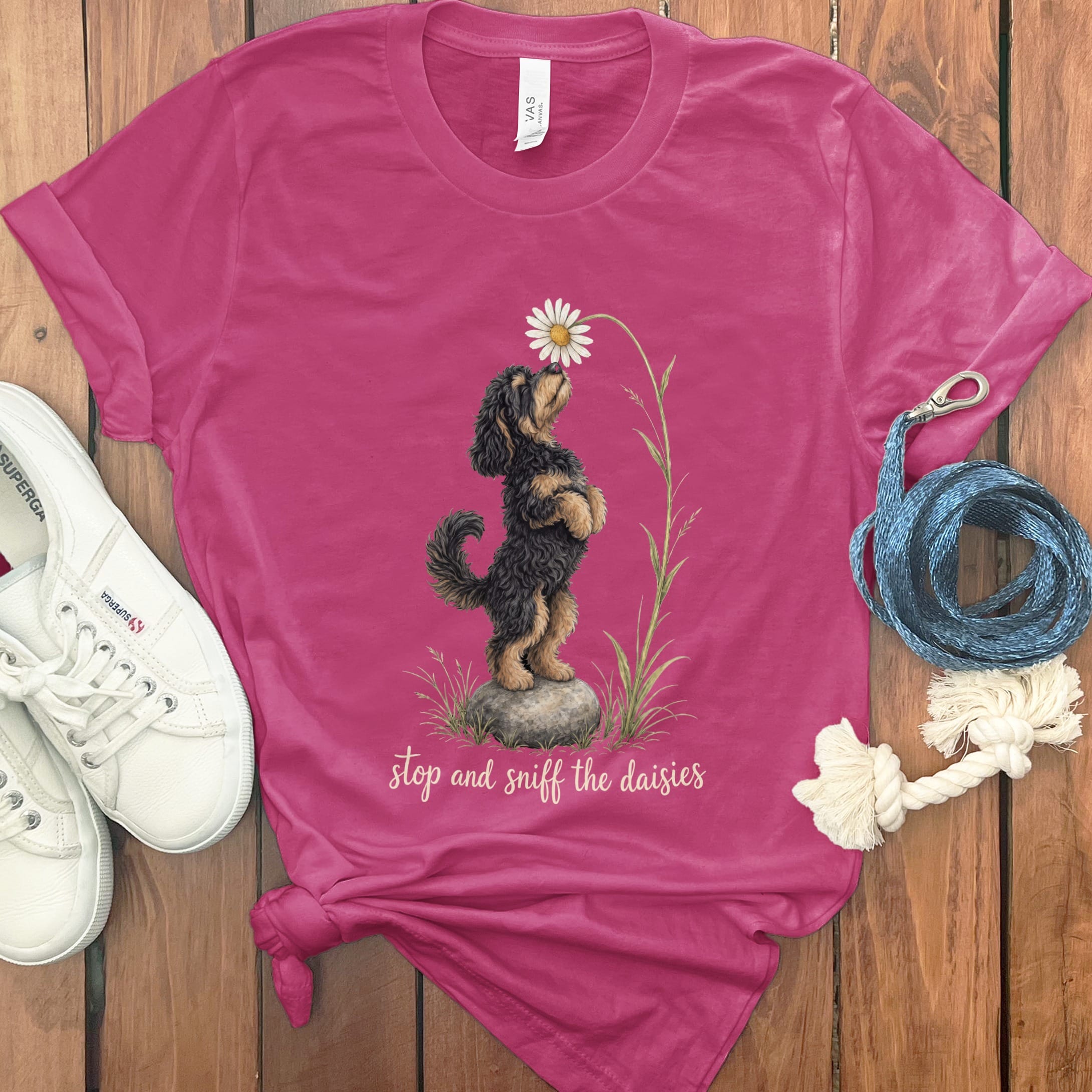 Phantom Goldendoodle Sniff Daisies T-Shirt in Berry / S by Puppy Jo