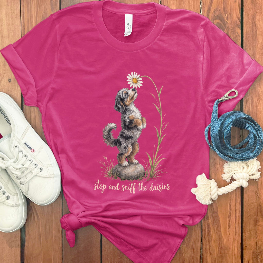Phantom Goldendoodle Sniff Daisies T-Shirt in Berry / S by Puppy Jo