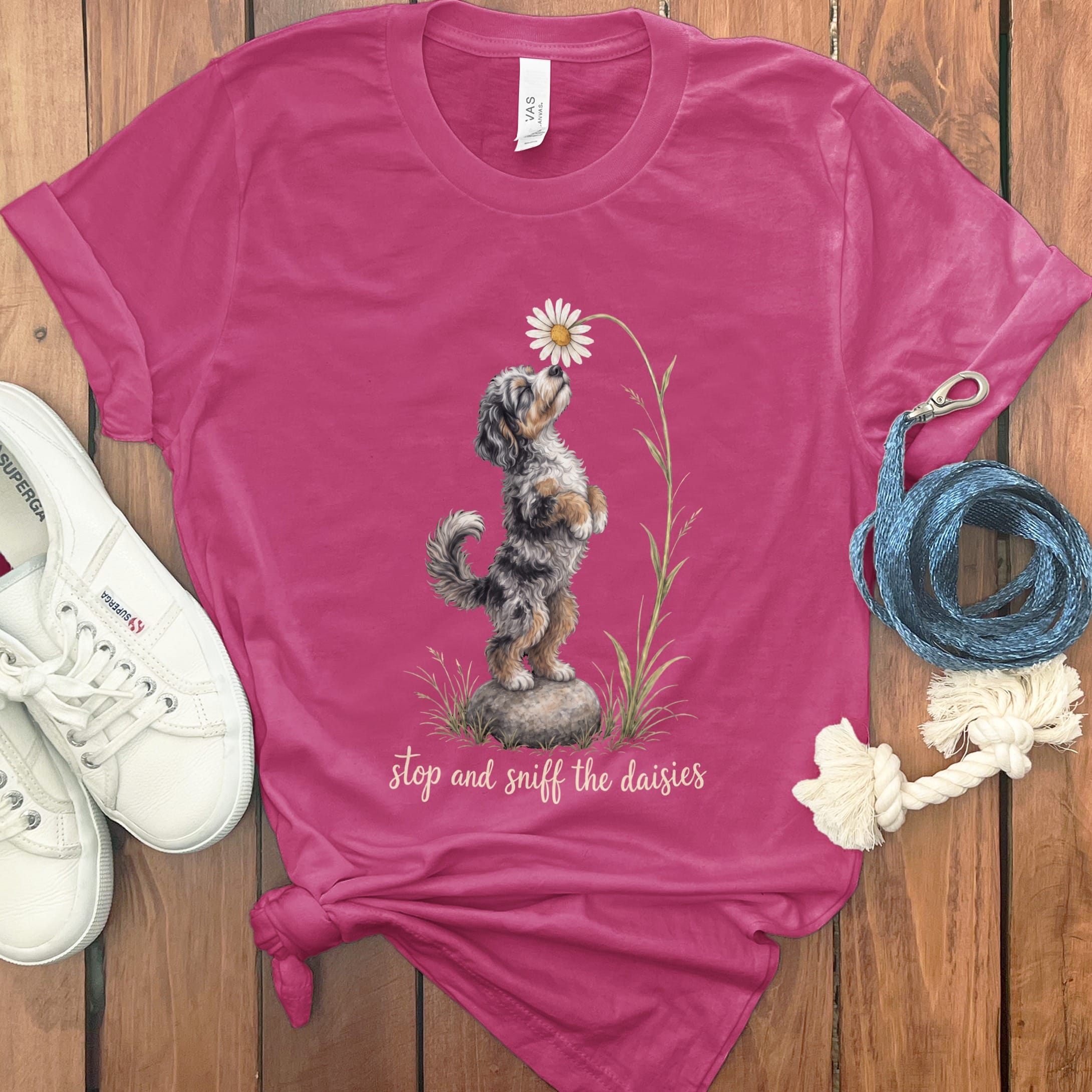 Phantom Goldendoodle Sniff Daisies T-Shirt in Berry / S by Puppy Jo
