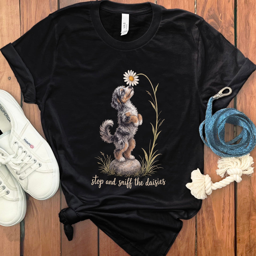 Phantom Goldendoodle Sniff Daisies T-Shirt in Black / S by Puppy Jo