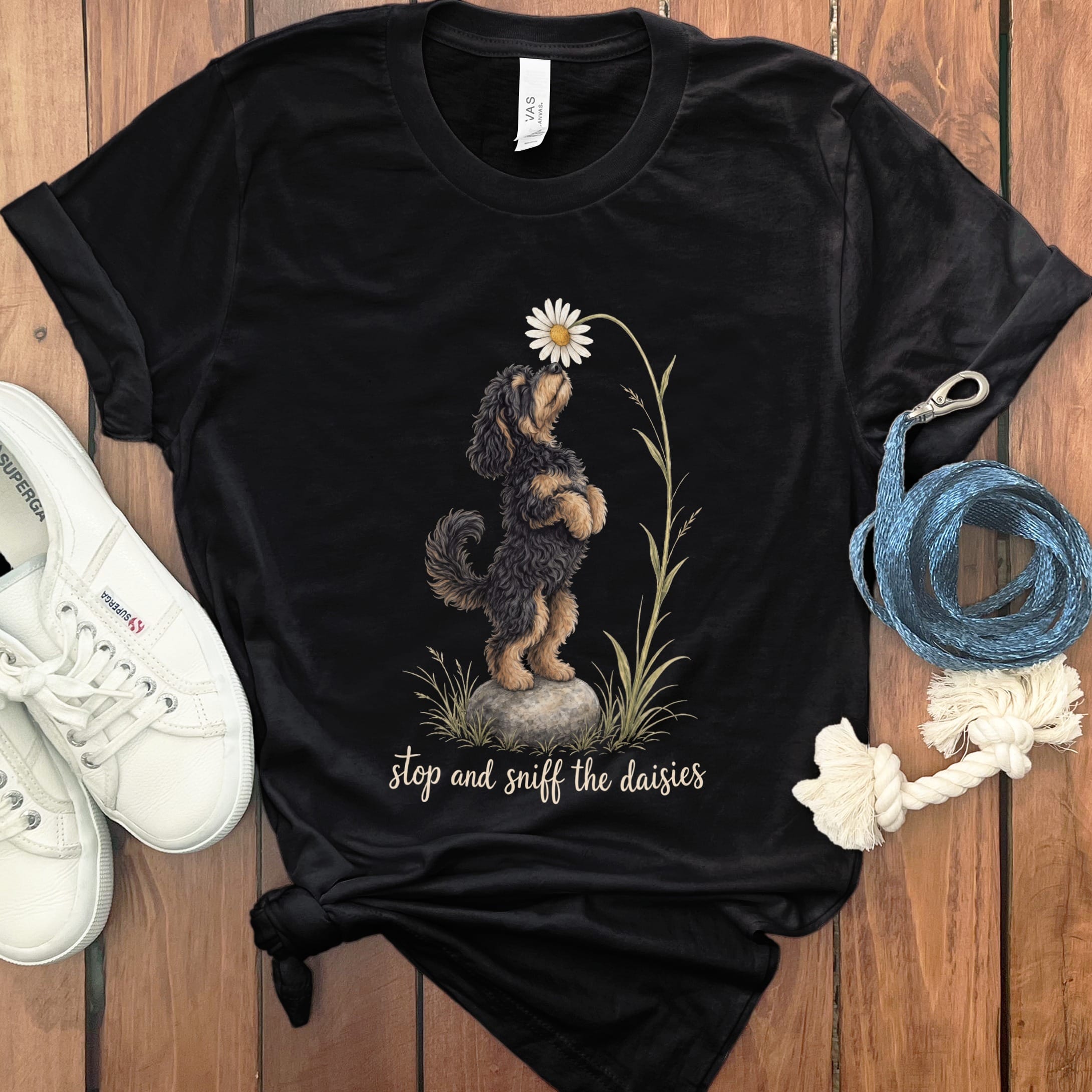 Phantom Goldendoodle Sniff Daisies T-Shirt in Black / S by Puppy Jo