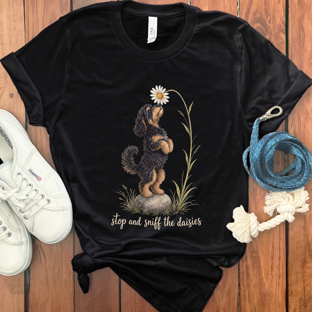 Phantom Goldendoodle Sniff Daisies T-Shirt in Black / S by Puppy Jo