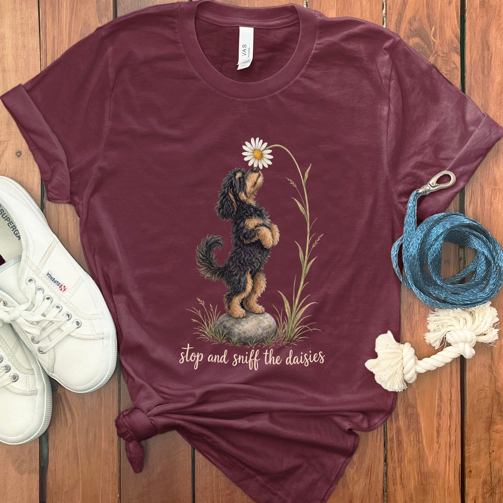 Phantom Goldendoodle Sniff Daisies T-Shirt in Maroon / S by Puppy Jo