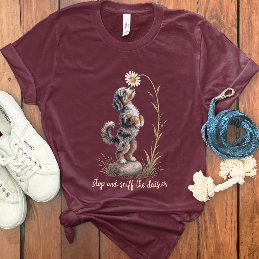 Phantom Goldendoodle Sniff Daisies T-Shirt in Maroon / S by Puppy Jo