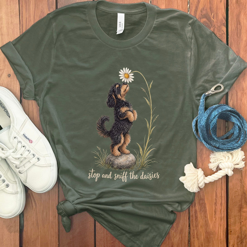Phantom Goldendoodle Sniff Daisies T-Shirt in Military Green / S by Puppy Jo