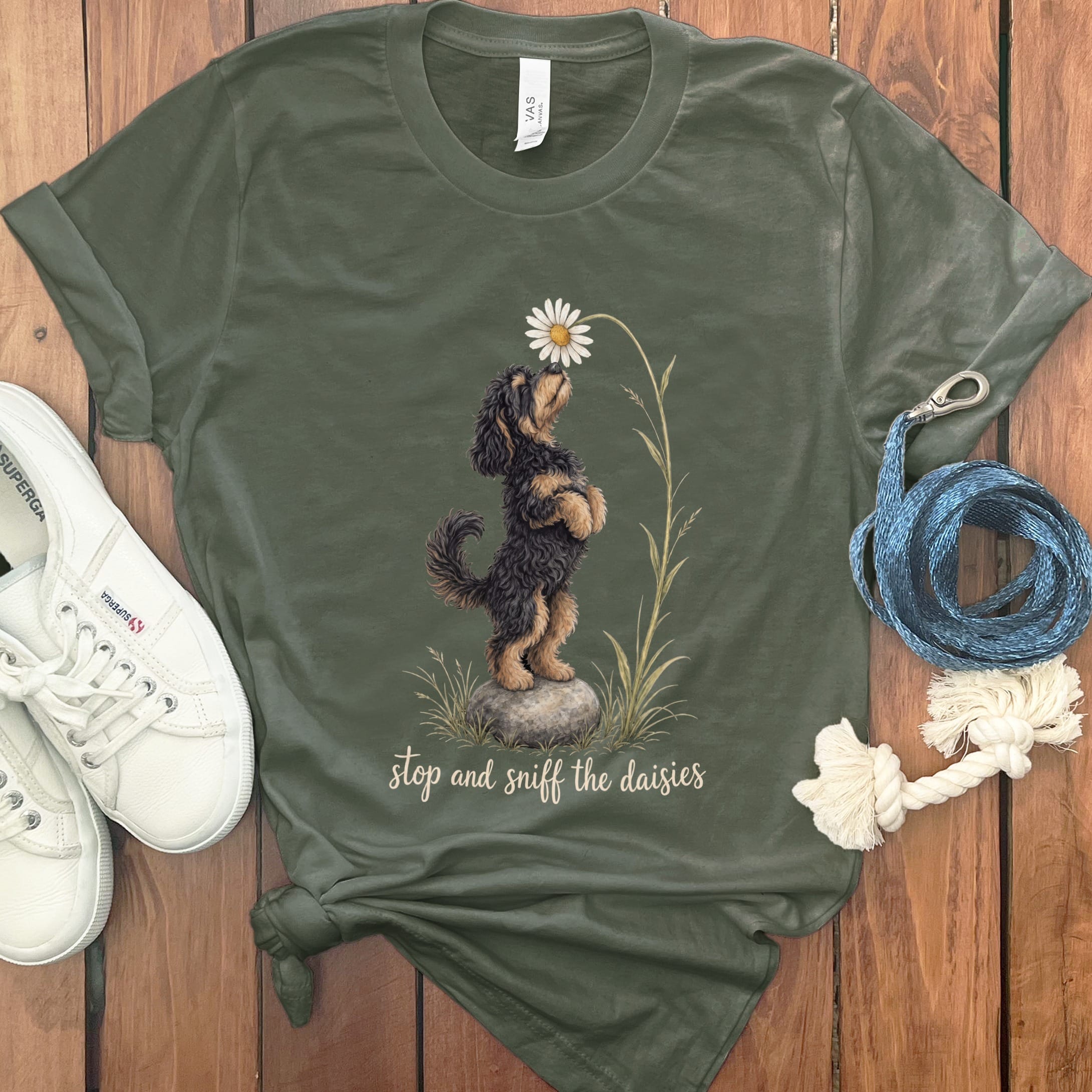Phantom Goldendoodle Sniff Daisies T-Shirt in Military Green / S by Puppy Jo