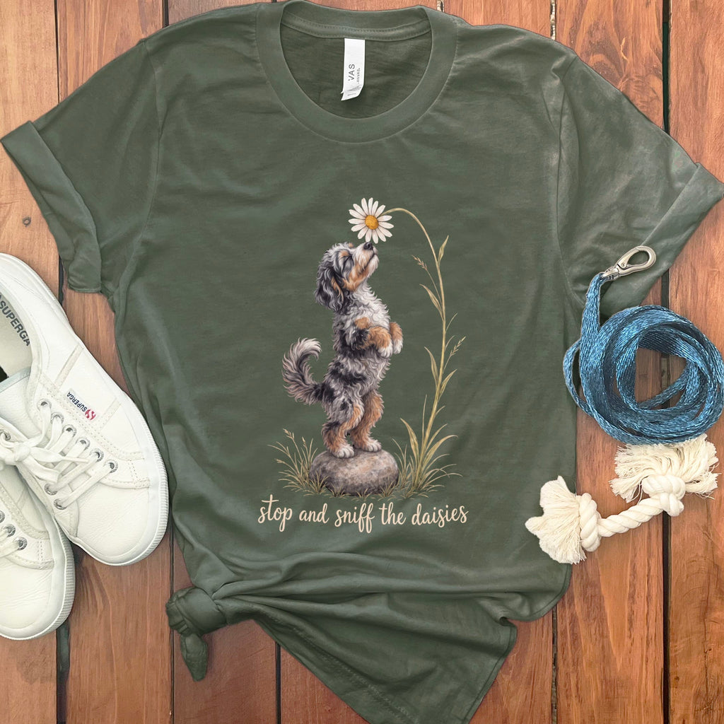 Phantom Goldendoodle Sniff Daisies T-Shirt in Military Green / S by Puppy Jo