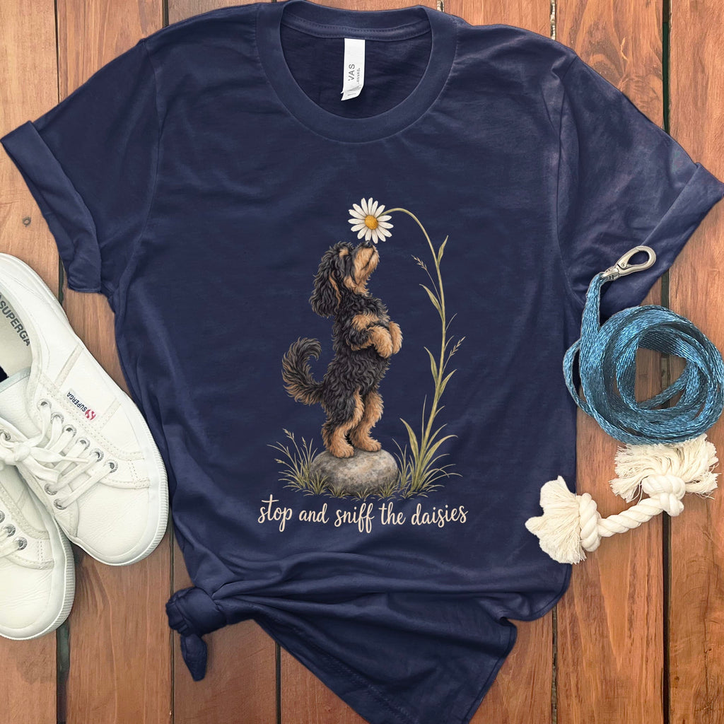 Phantom Goldendoodle Sniff Daisies T-Shirt in Navy / S by Puppy Jo
