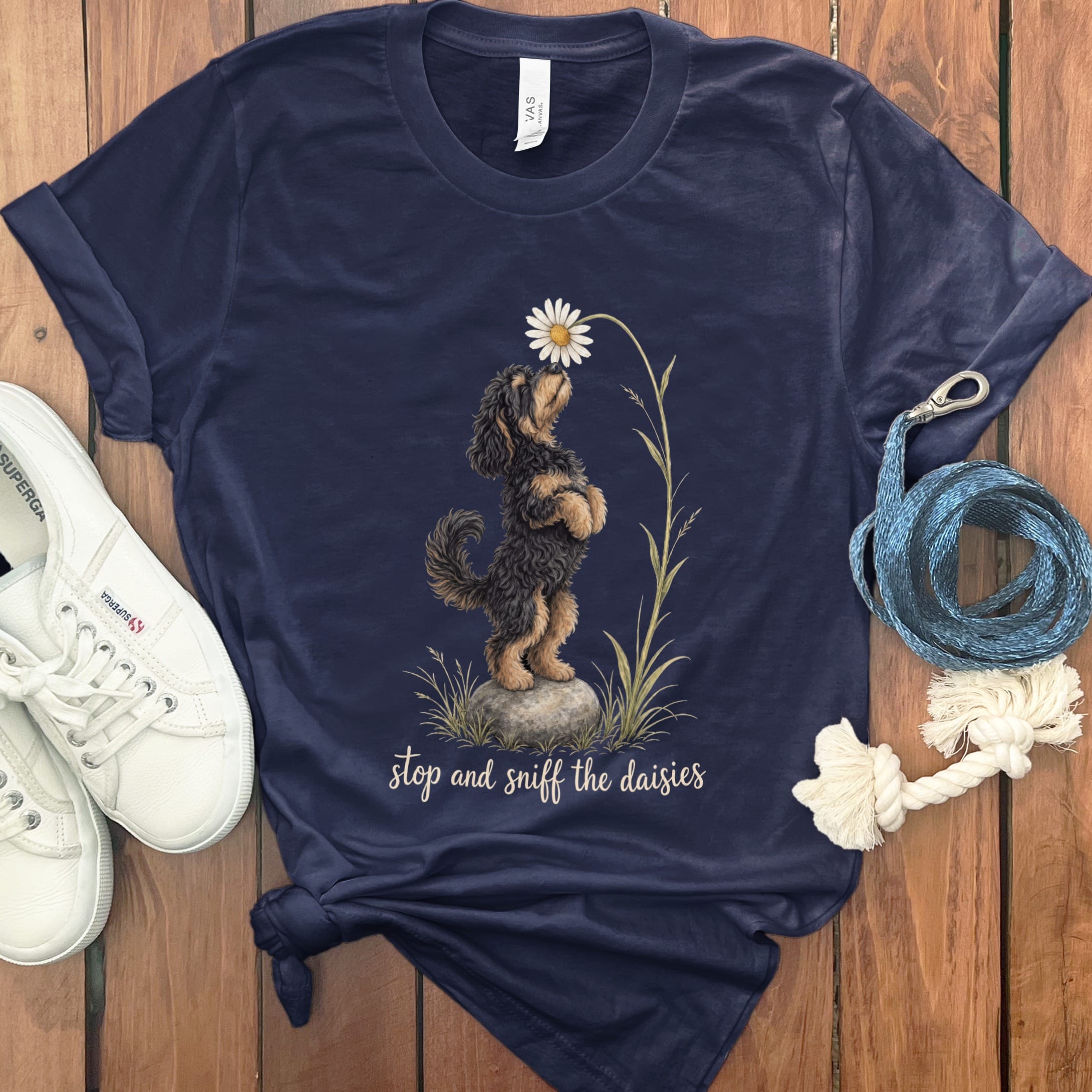 Phantom Goldendoodle Sniff Daisies T-Shirt in Navy / S by Puppy Jo