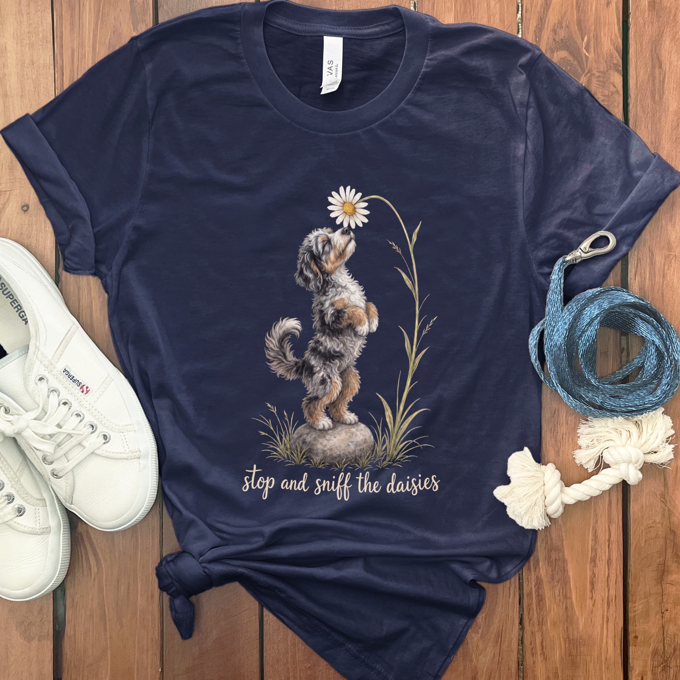 Phantom Goldendoodle Sniff Daisies T-Shirt in Navy / S by Puppy Jo