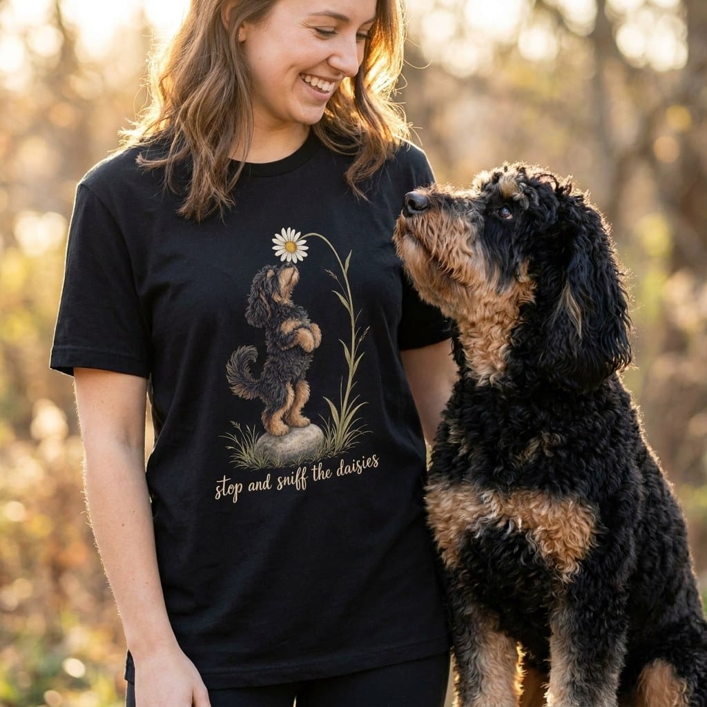 Phantom Goldendoodle Sniff Daisies T-Shirt in by Puppy Jo