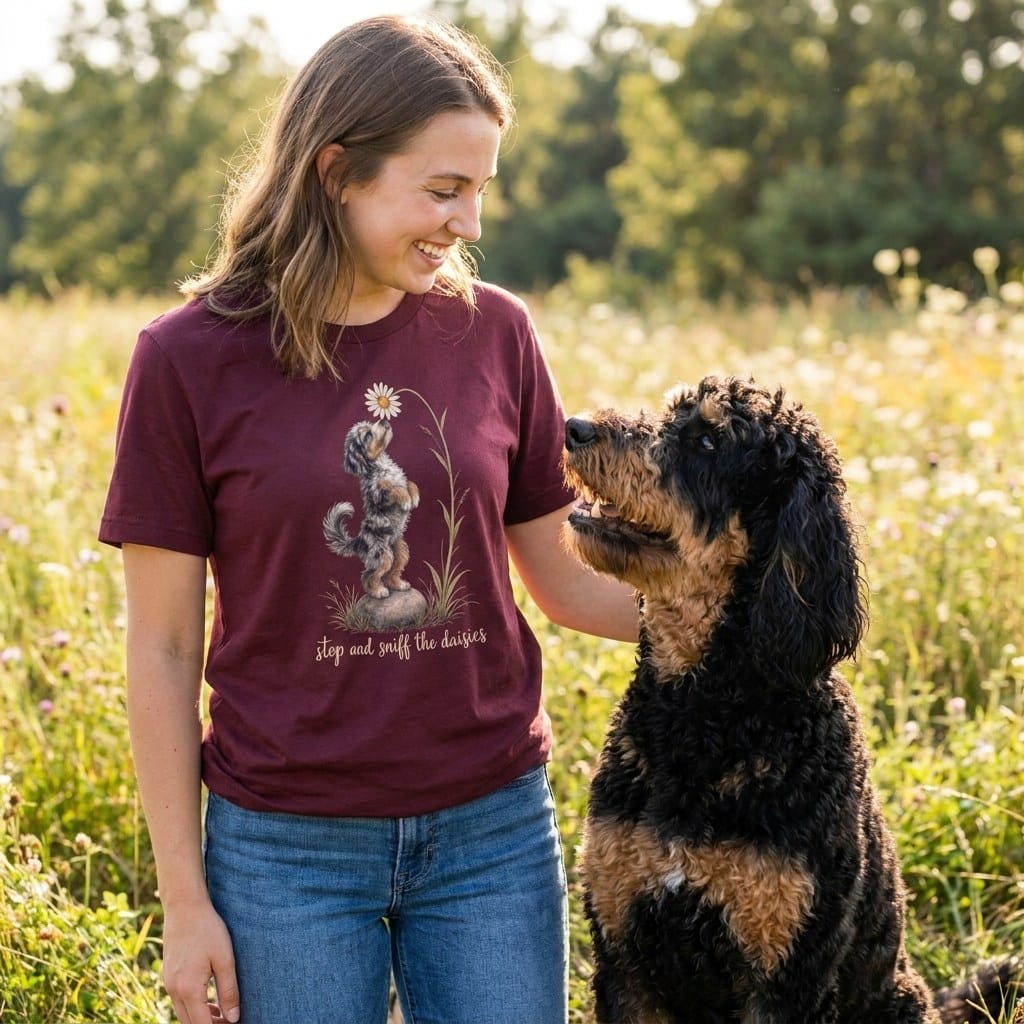 Phantom Goldendoodle Sniff Daisies T-Shirt in by Puppy Jo
