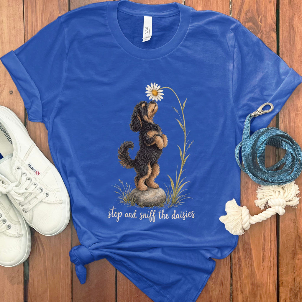 Phantom Goldendoodle Sniff Daisies T-Shirt in True Royal / S by Puppy Jo