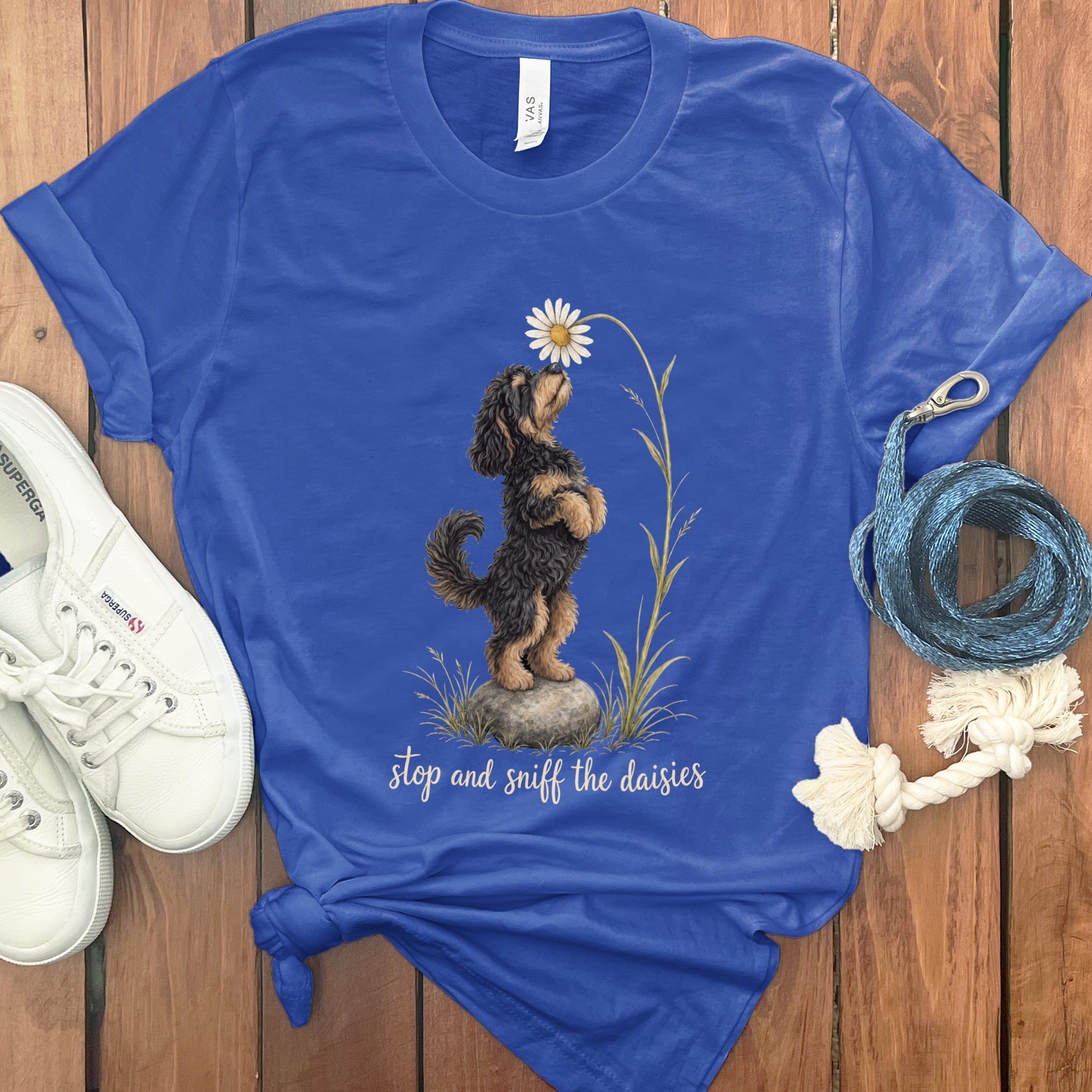 Phantom Goldendoodle Sniff Daisies T-Shirt in True Royal / S by Puppy Jo