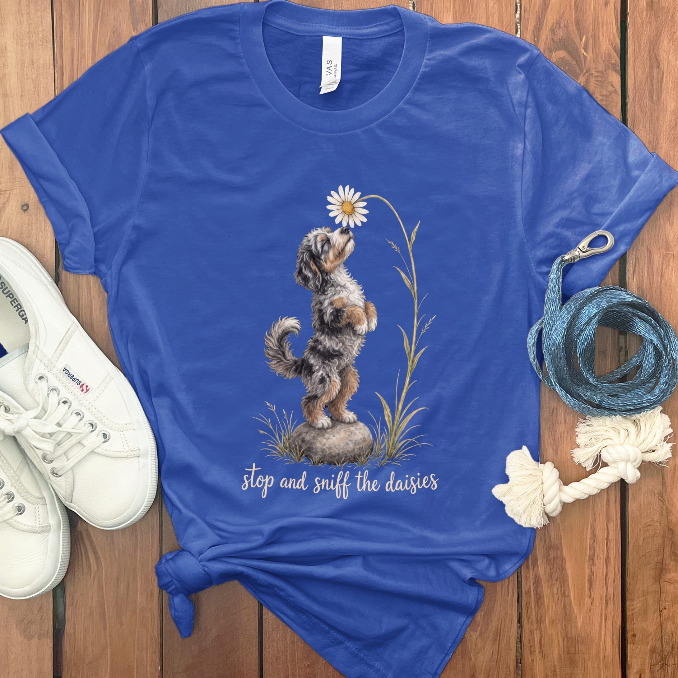 Phantom Goldendoodle Sniff Daisies T-Shirt in True Royal / S by Puppy Jo