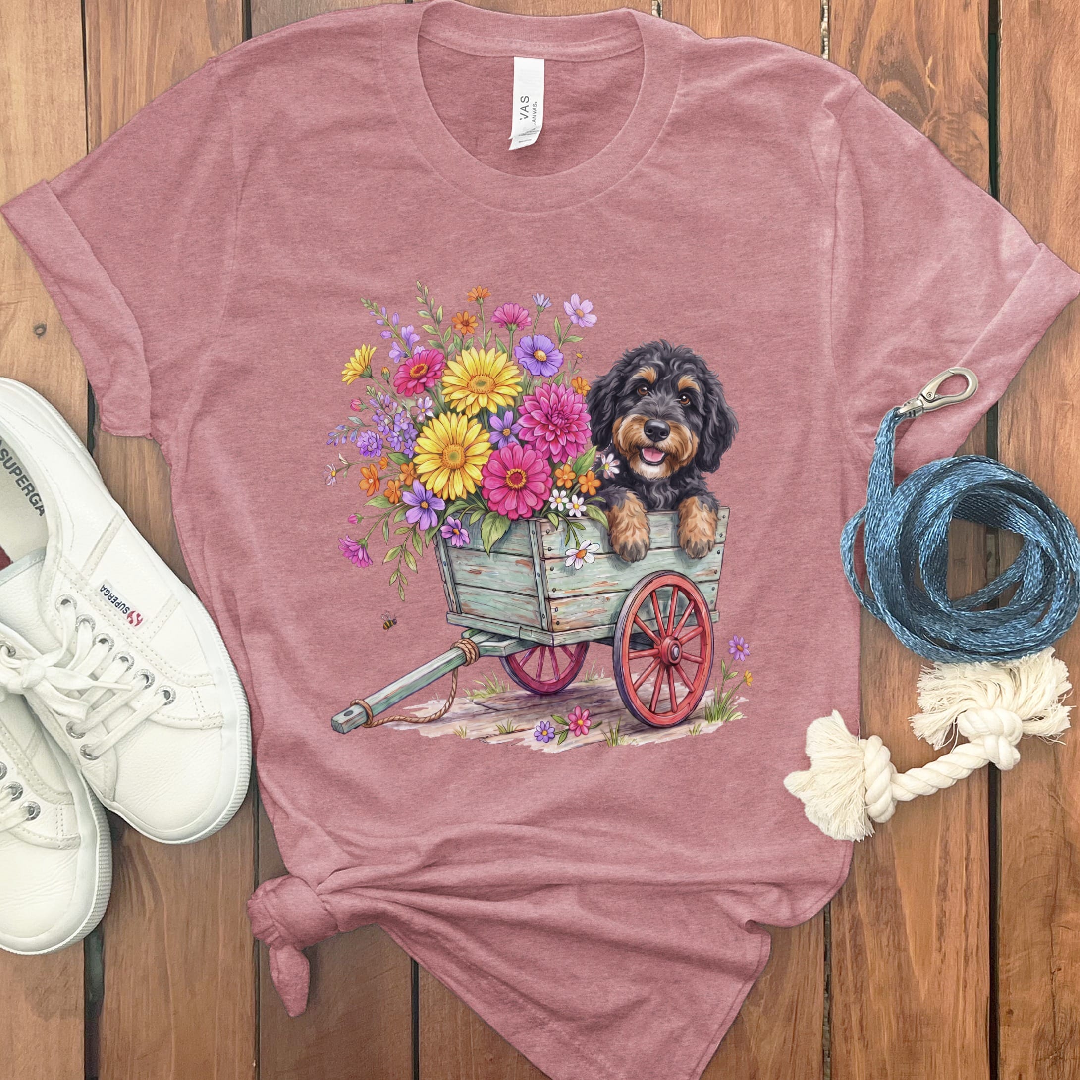 Phantom Goldendoodle Spring Wagon T-Shirt in Heather Mauve / S by Puppy Jo