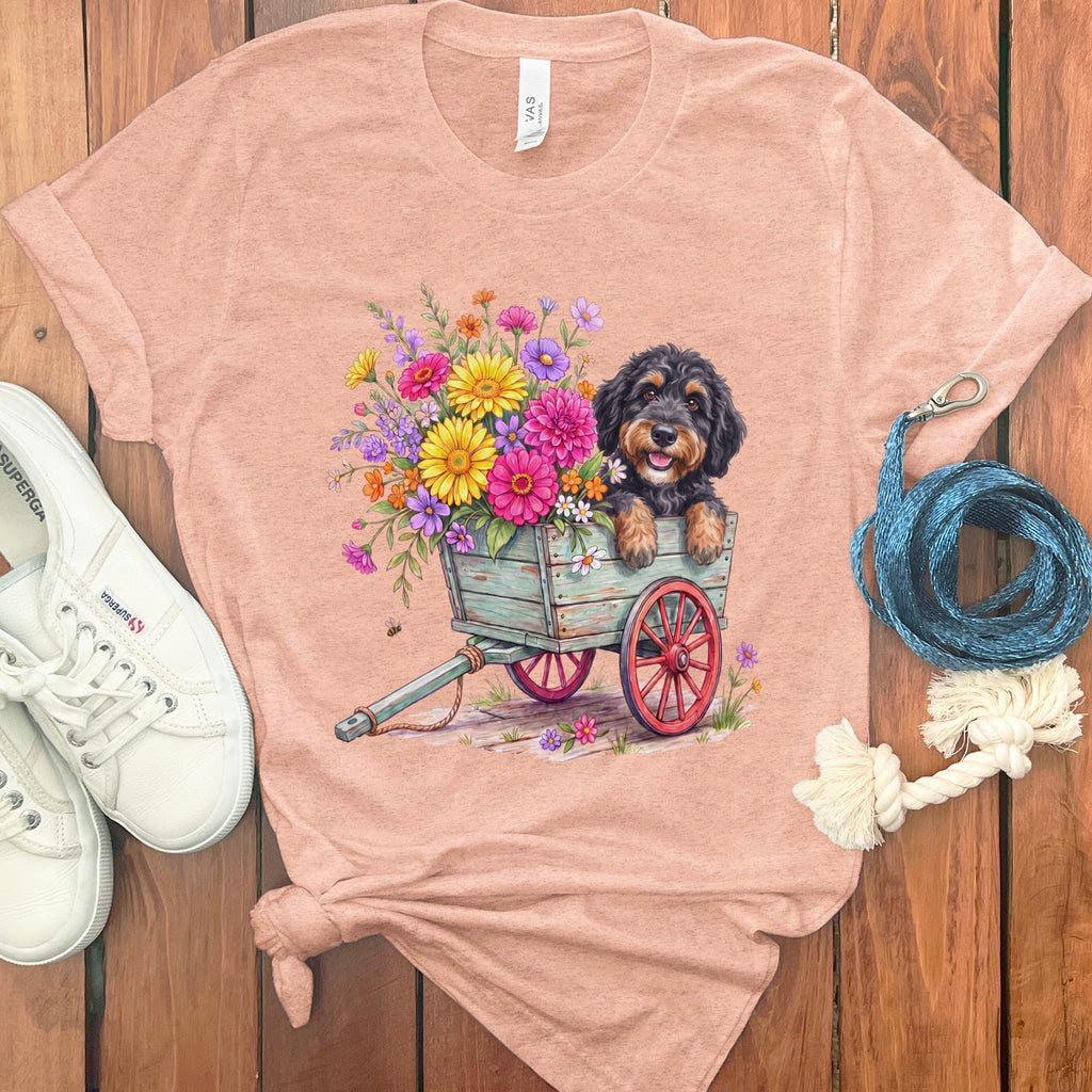 Phantom Goldendoodle Spring Wagon T-Shirt in Heather Peach / S by Puppy Jo