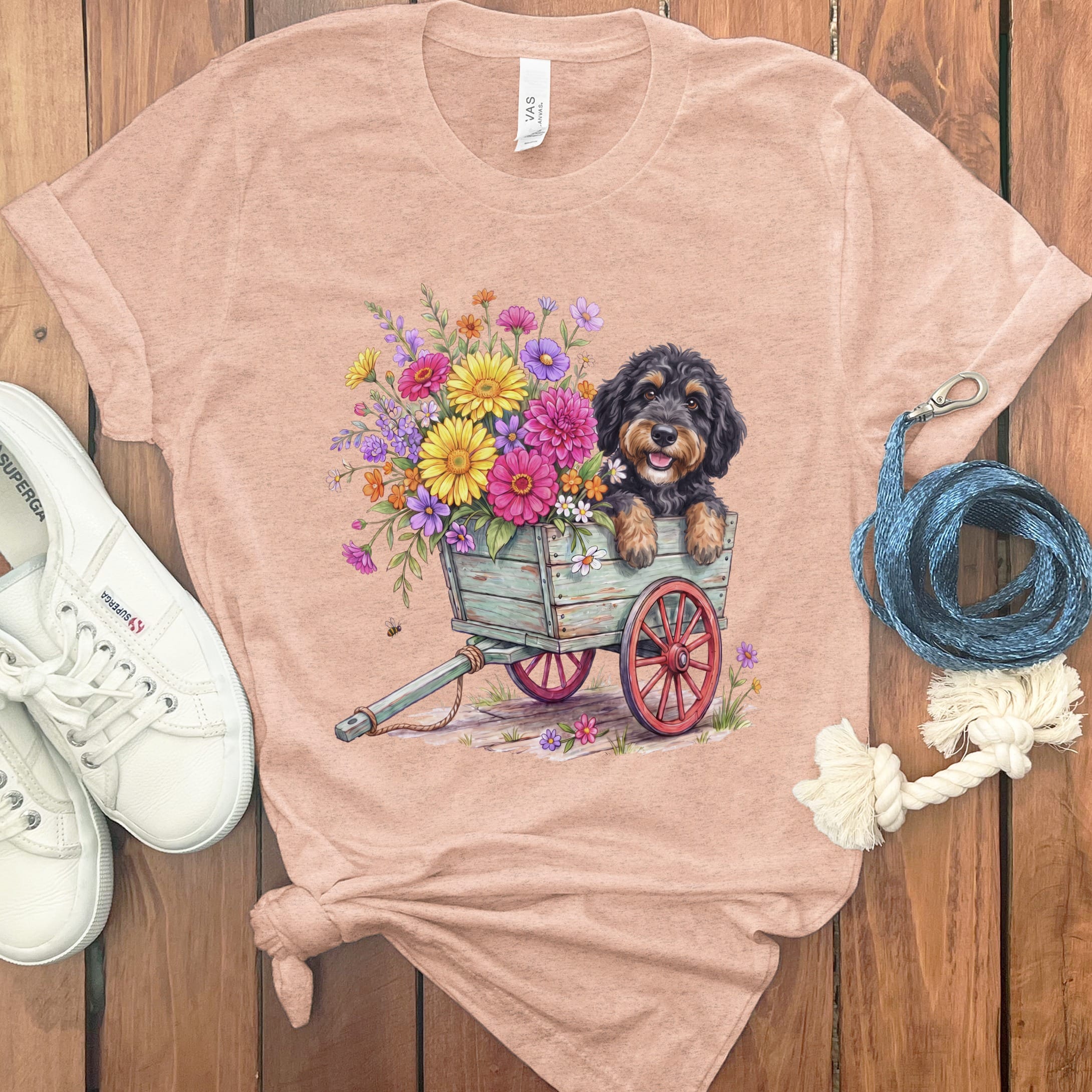Phantom Goldendoodle Spring Wagon T-Shirt in Heather Peach / S by Puppy Jo